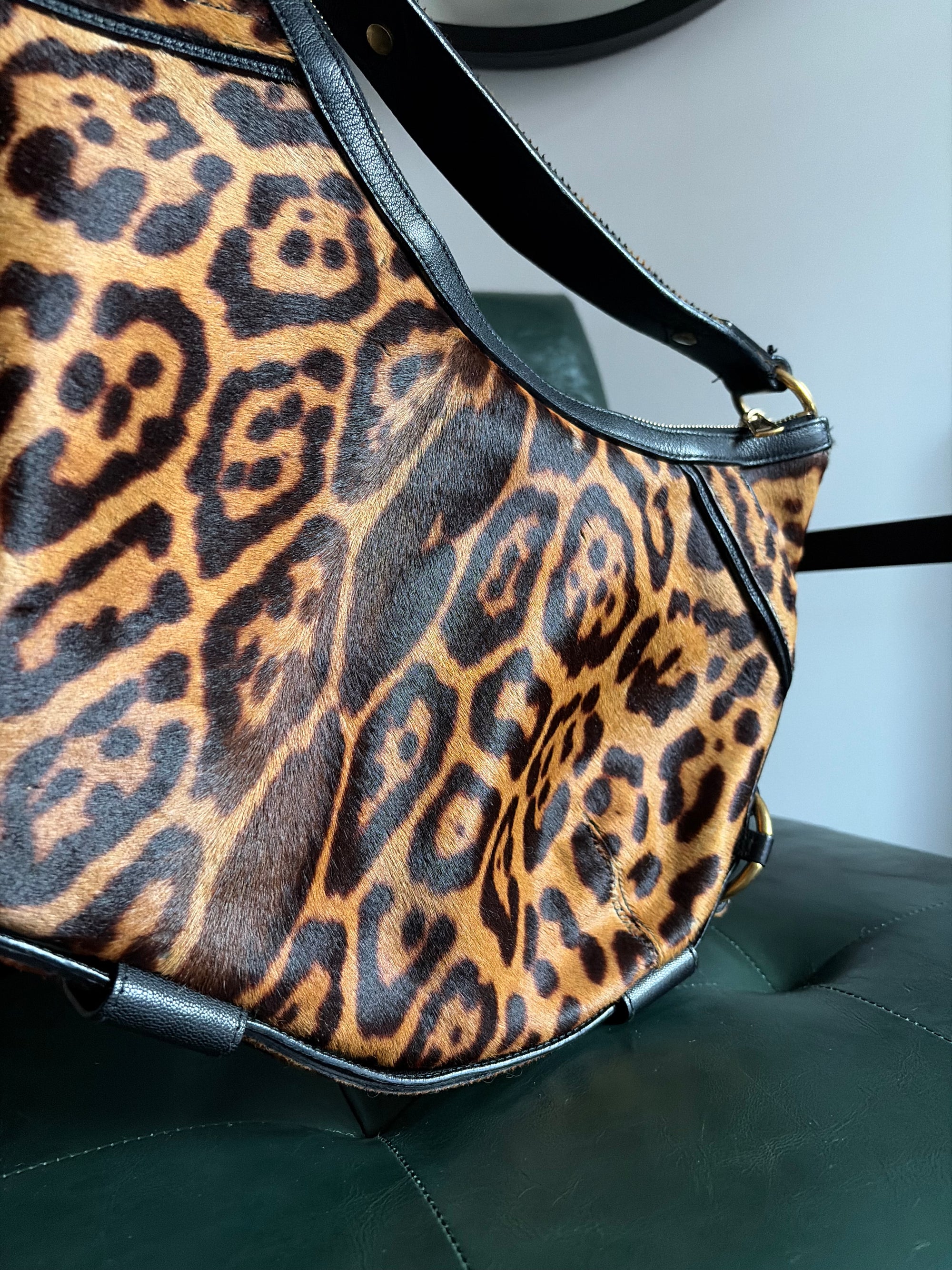 Vintage Yves Saint Laurent Large Leopard Print Pony Hair Hobo Mombasa Bag