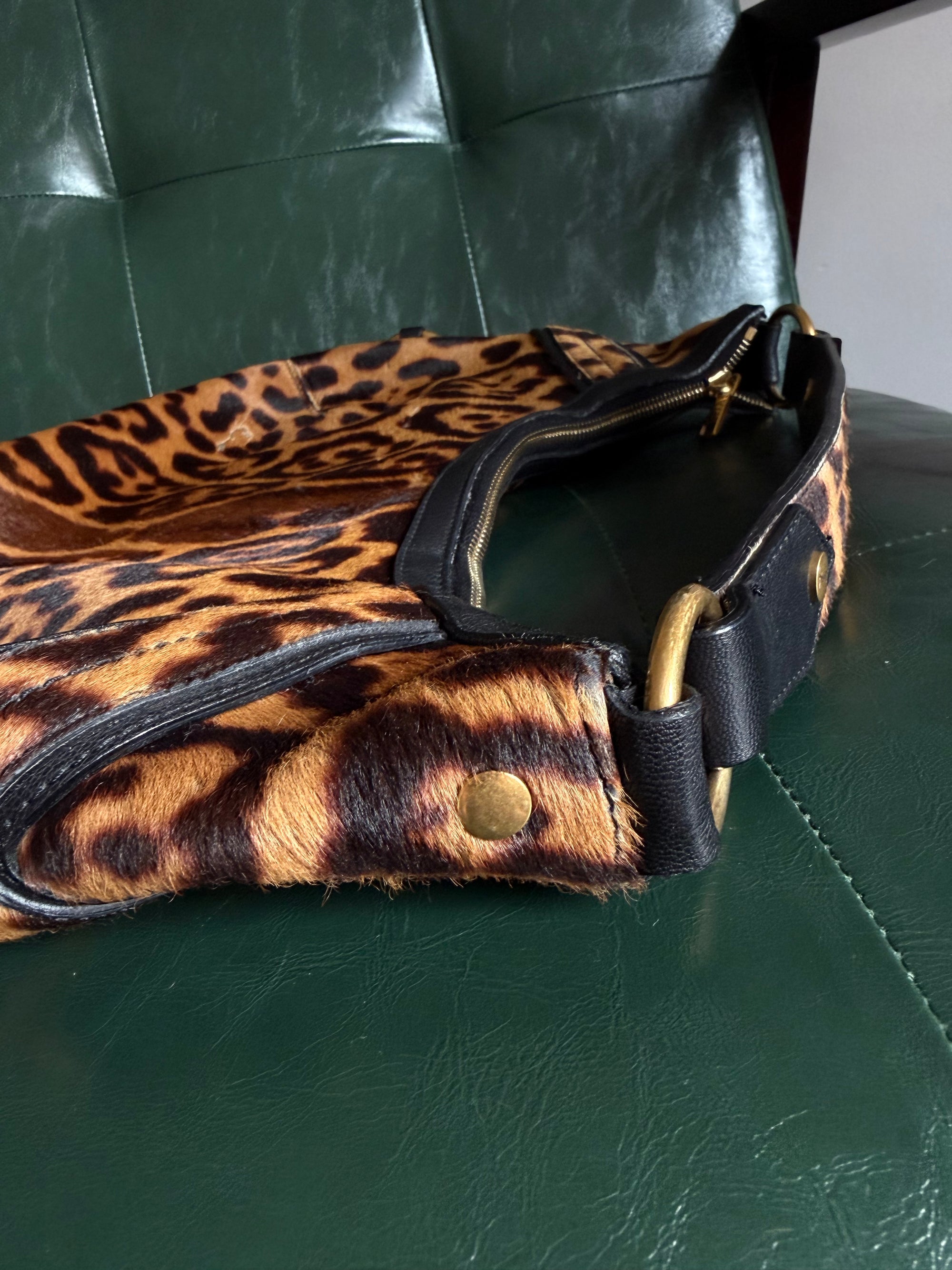 Vintage Yves Saint Laurent Large Leopard Print Pony Hair Hobo Mombasa Bag