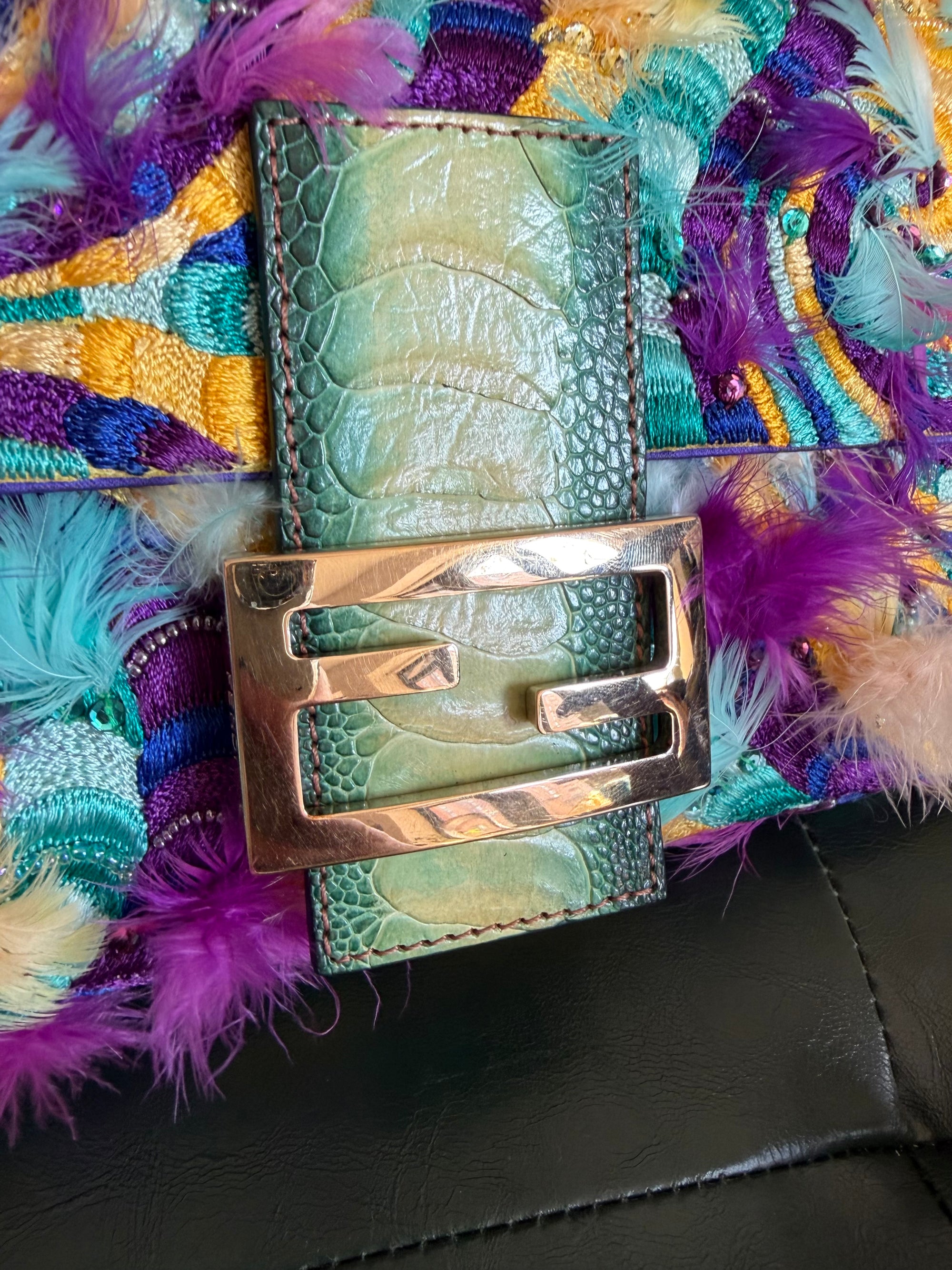 Ultra rare! Fendi ‘Willy Wonka’ embroidered fabric swirl and feather baguette bag