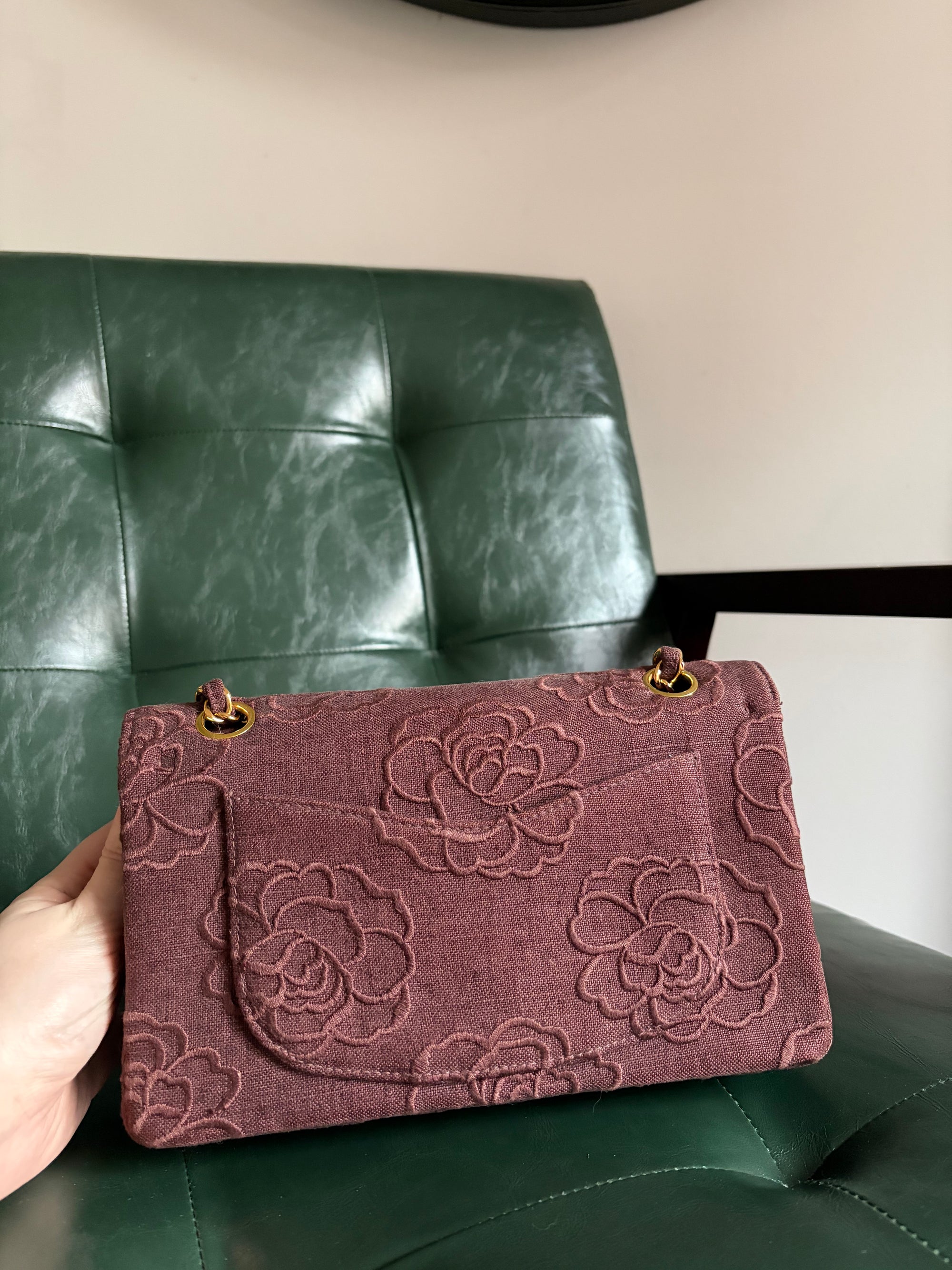 Ultra rare! Vintage Chanel Burgundy Linen Camellia Small Double Flap Bag