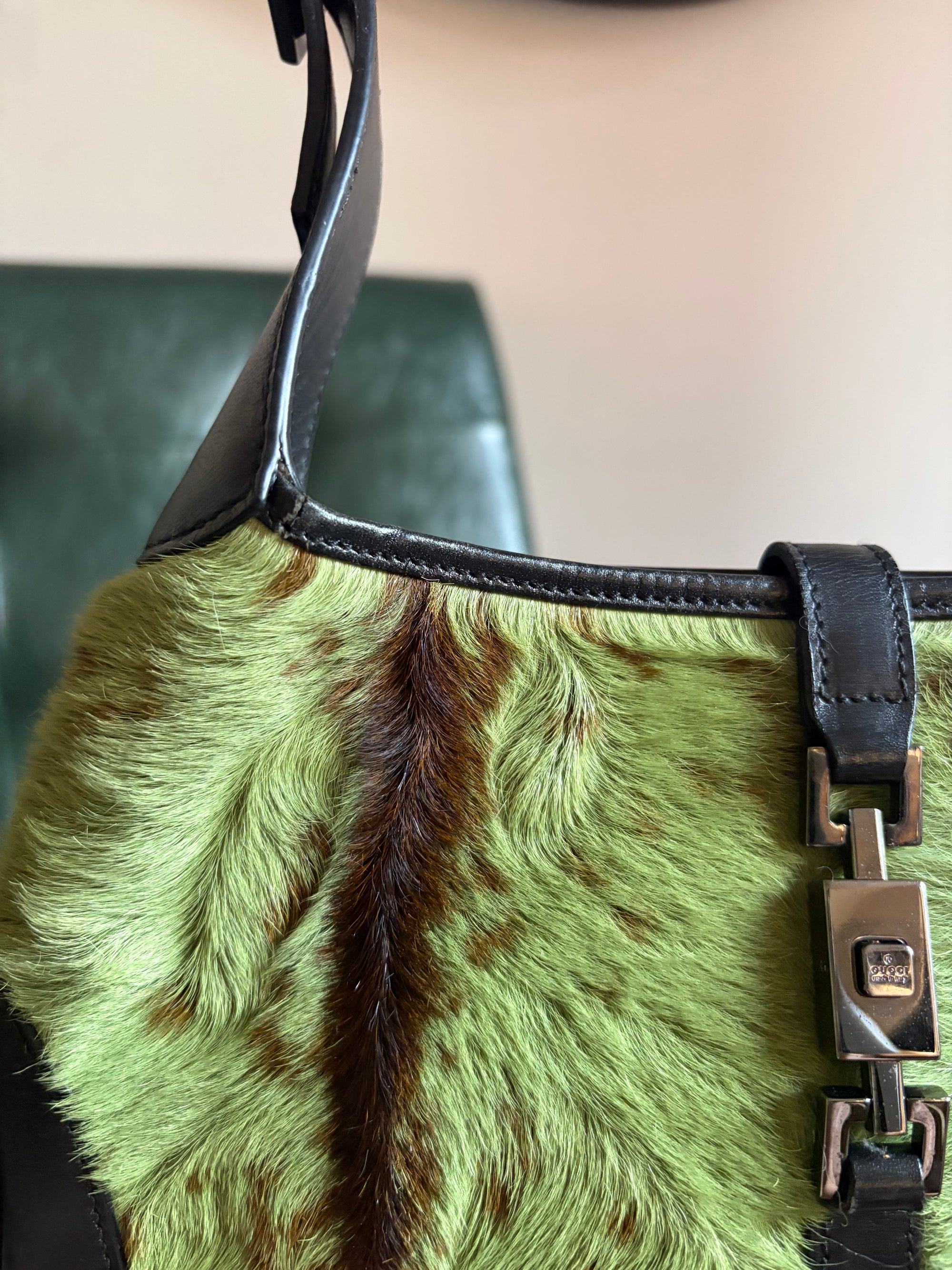 Vintage Gucci Jackie Shoulder Bag in Green and Brown Goat Hair
