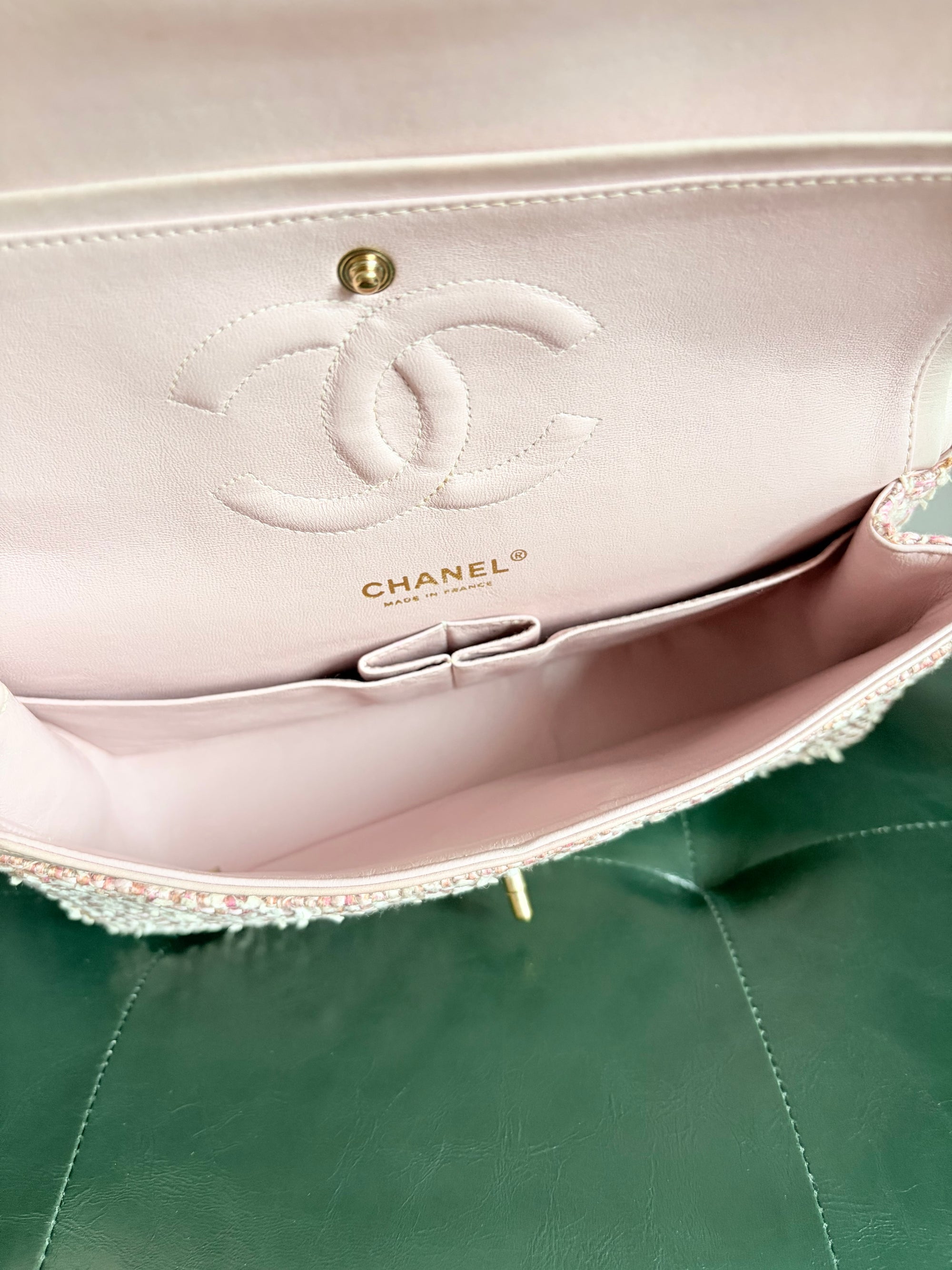 Chanel Vintage Pink and White Tweed Medium Classic Flap with 24ct Gold Hardware