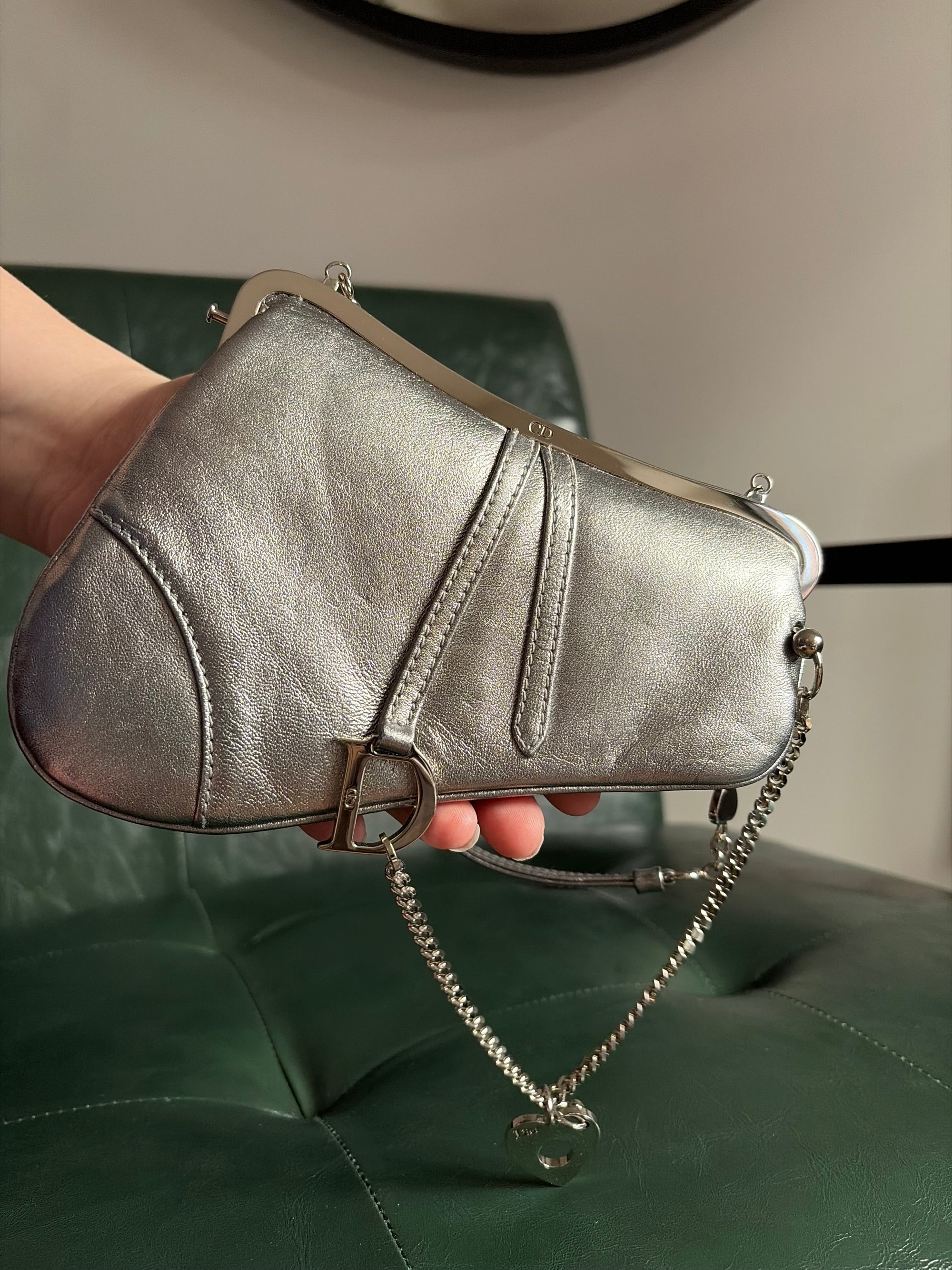 Ultra rare! Dior Silver Vintage Heart Chain Mini Saddle Bag