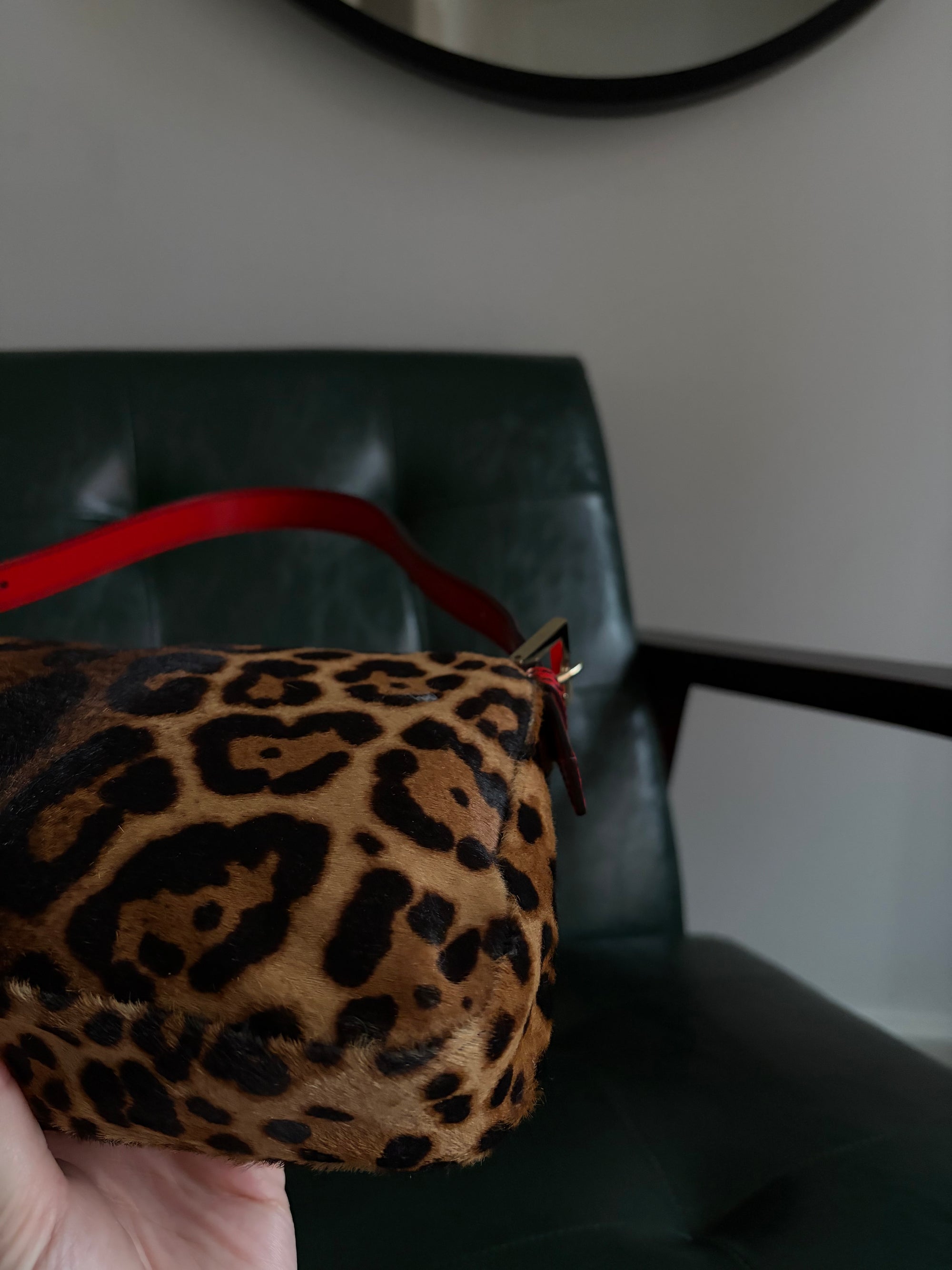 Rare! Vintage Fendi leopard print pony hair baguette bag with red leather trim