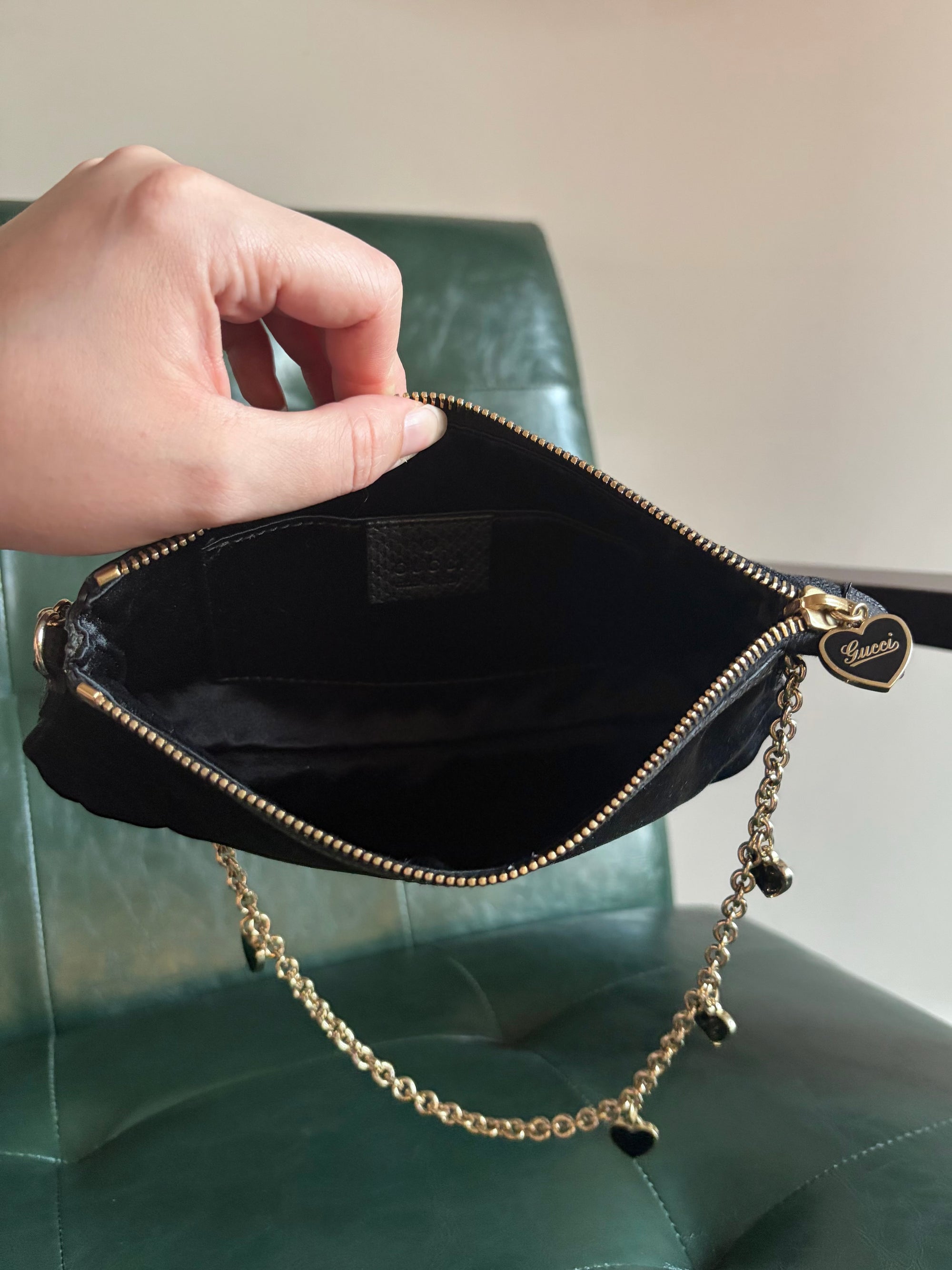Gucci black satin heart chain pochette with exotic lizard trim