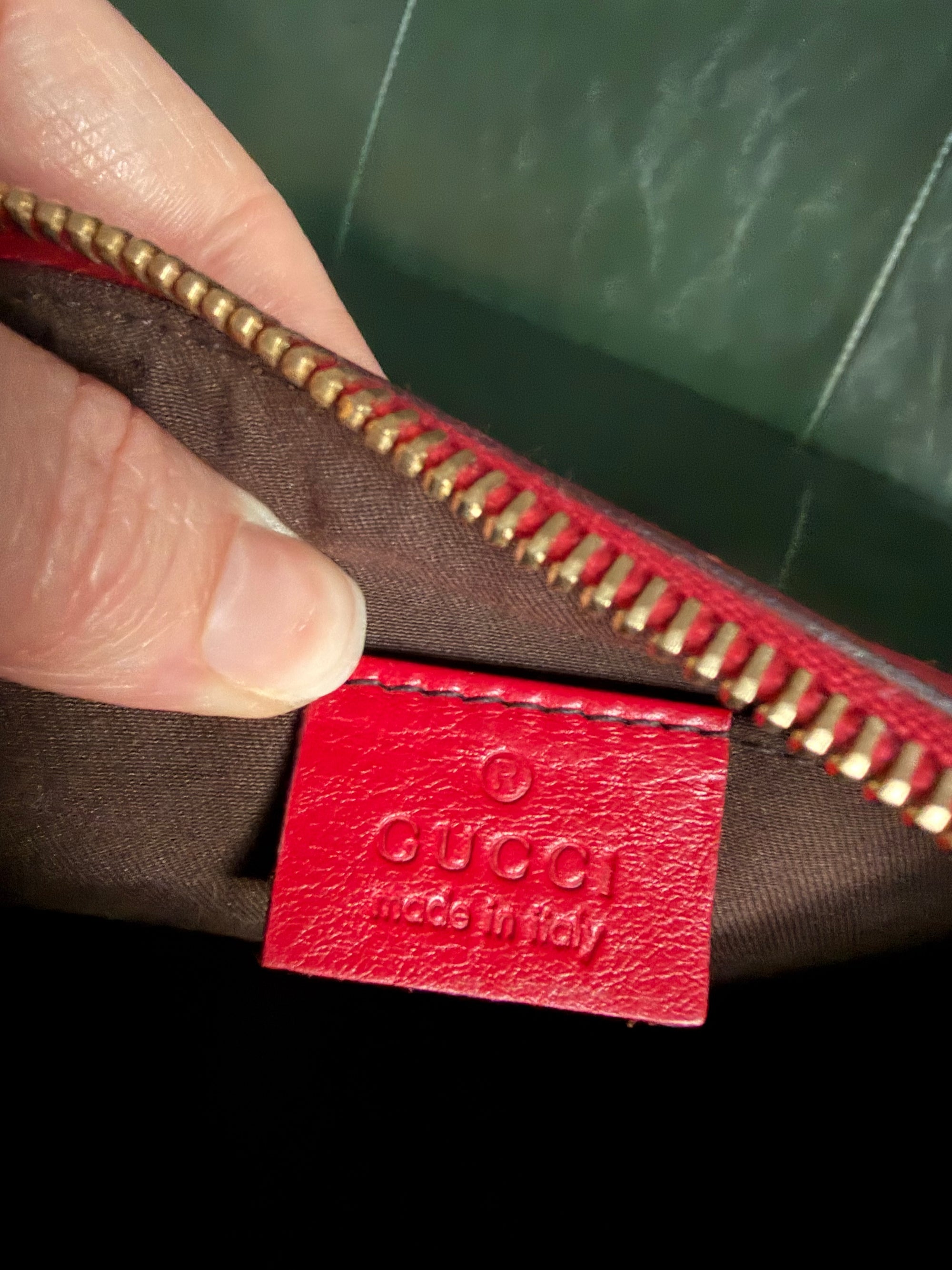 Gucci red vintage Guccisima heart chain pochette bag