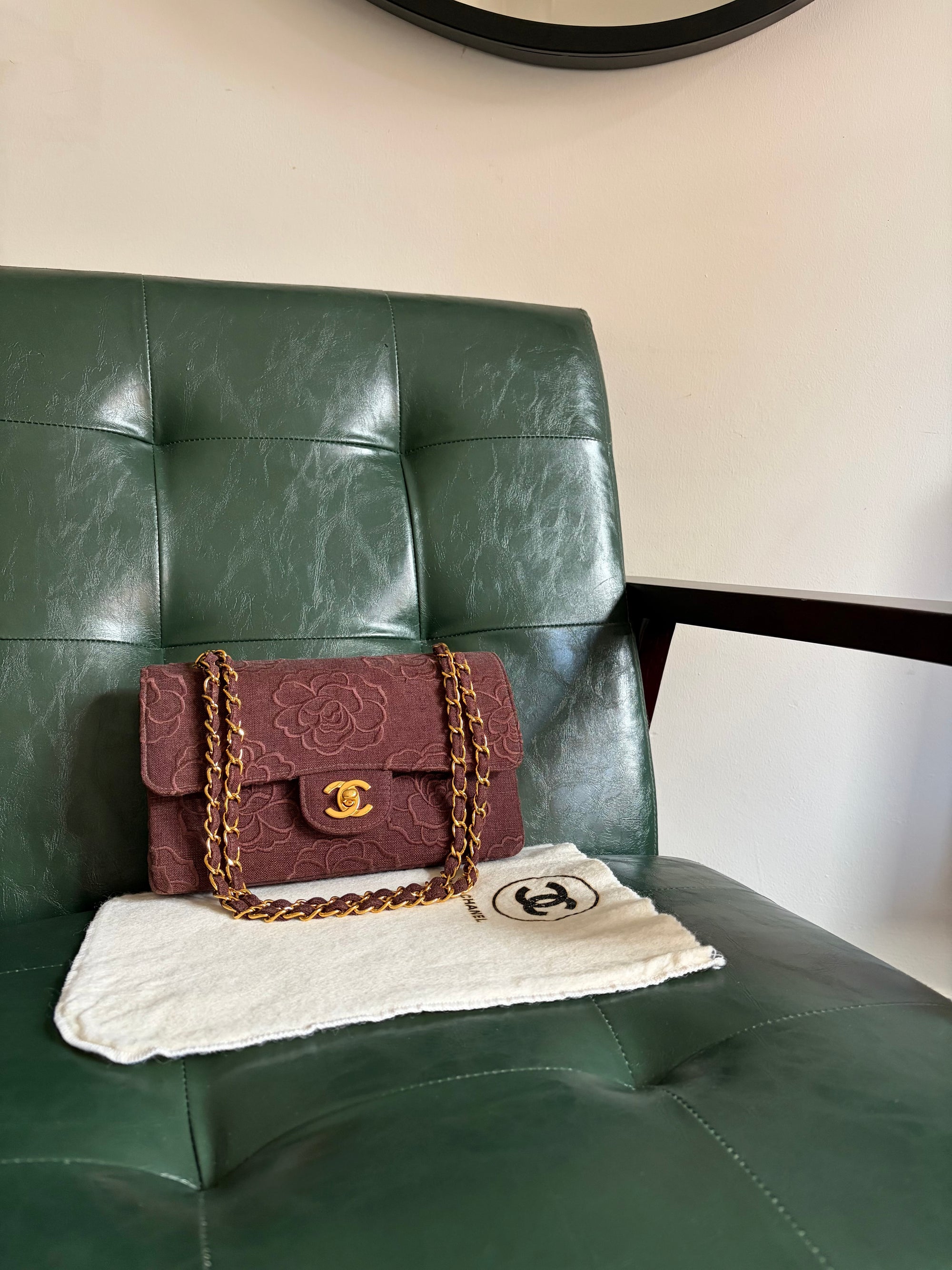 Ultra rare! Vintage Chanel Burgundy Linen Camellia Small Double Flap Bag