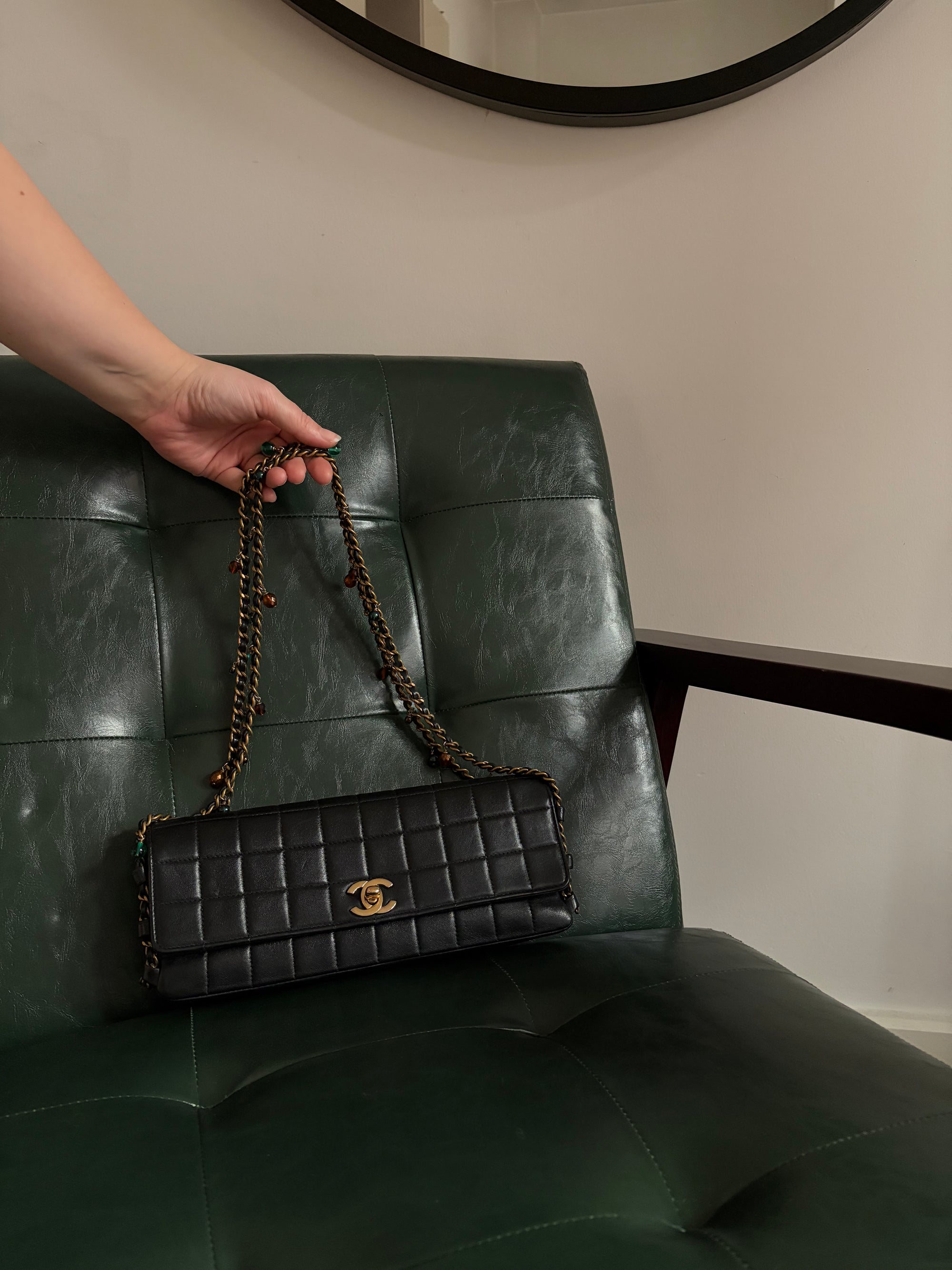 Rare! Chanel black lambskin chocolate bar east west bag with embellished chain