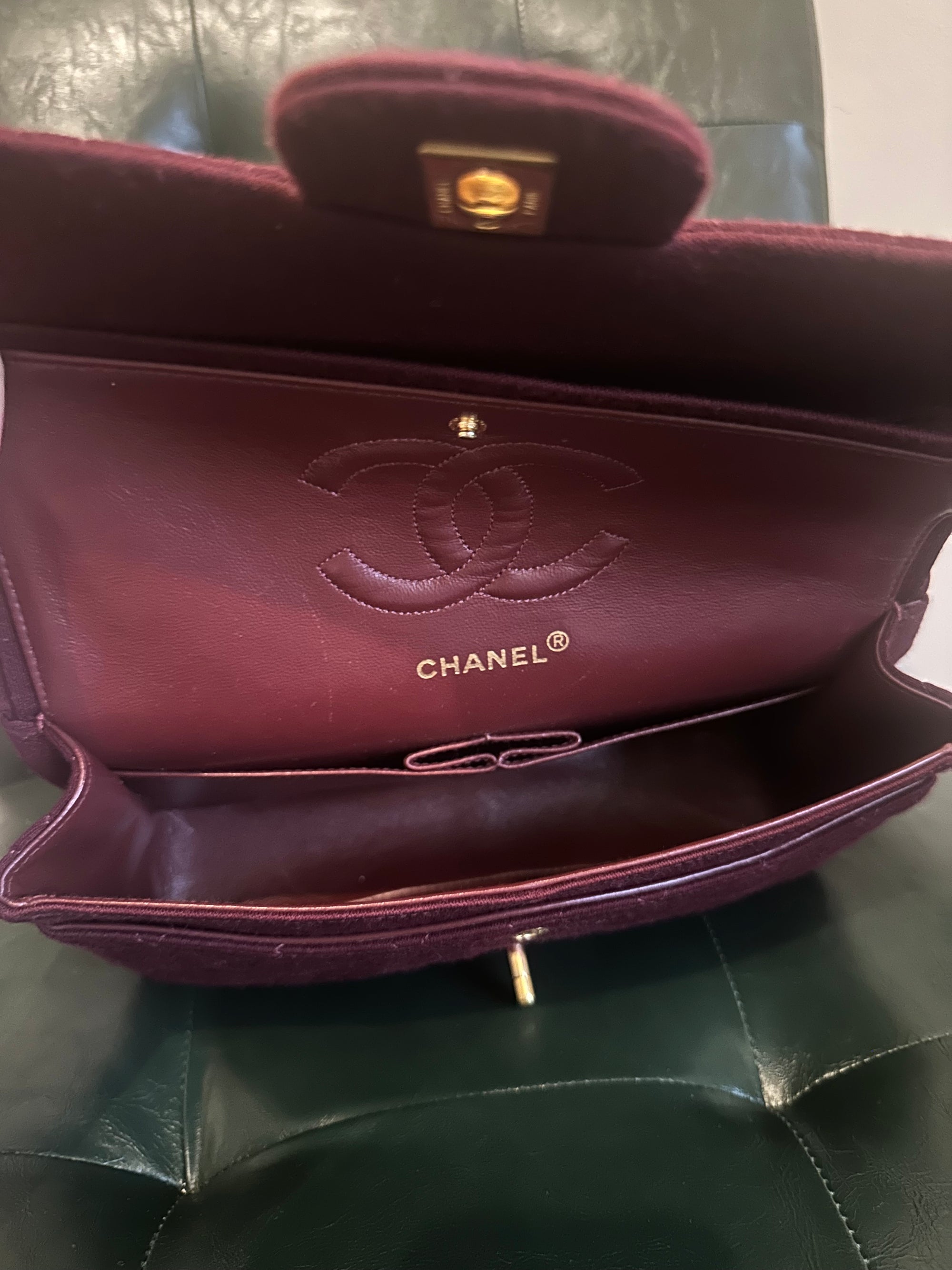 Rare! Chanel medium burgundy jersey double flap bag
