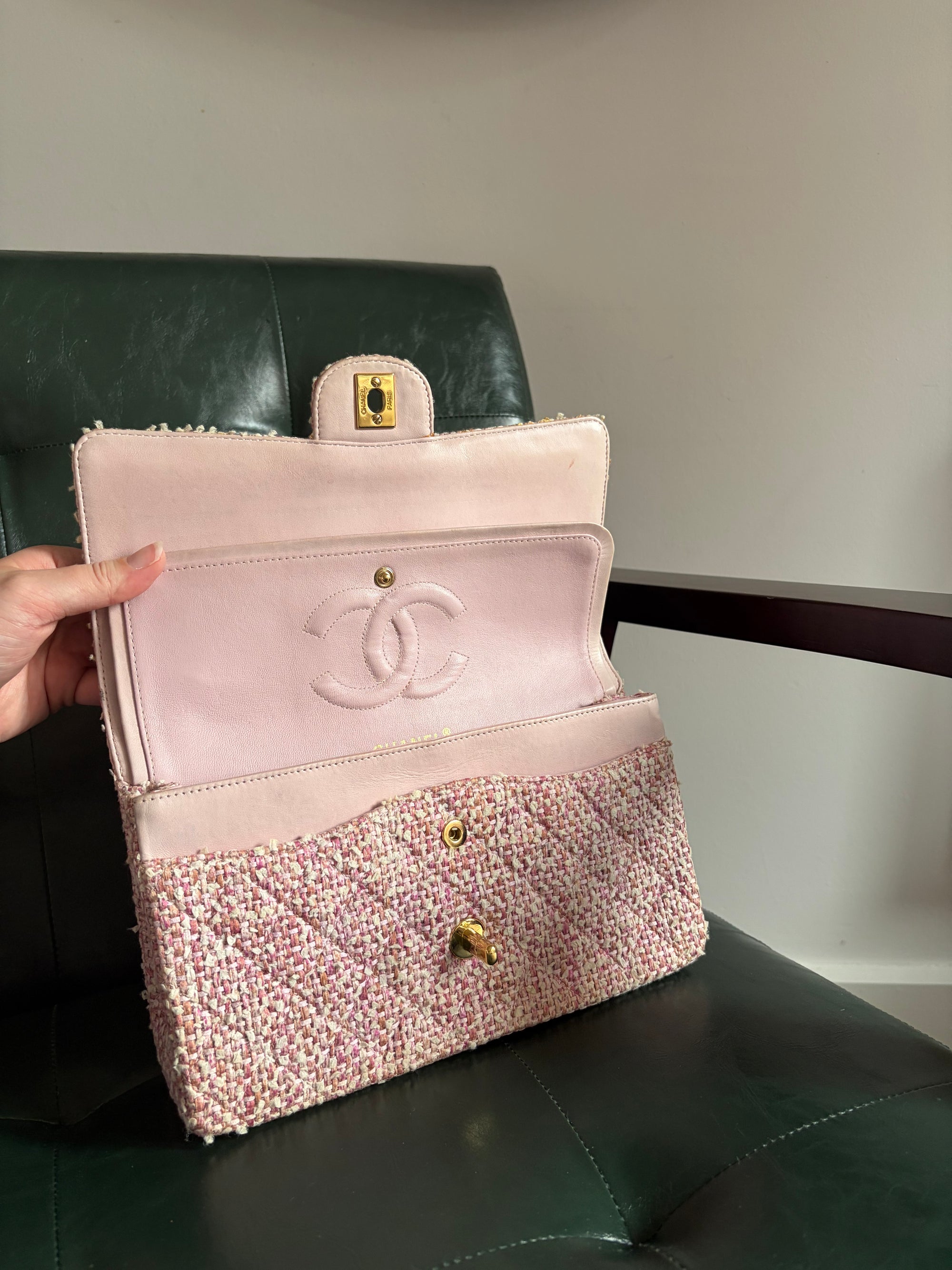 Chanel Vintage Pink and White Tweed Medium Classic Flap with 24ct Gold Hardware