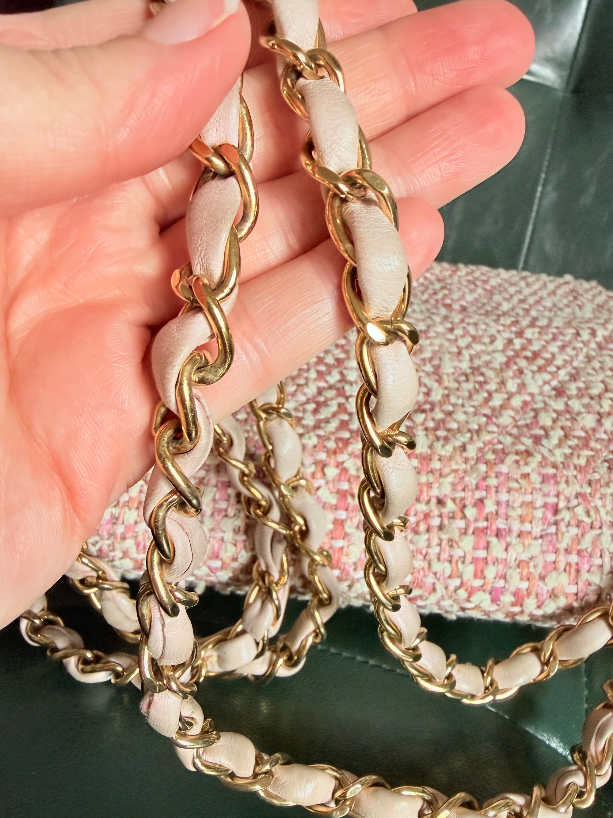 Chanel Vintage Pink and White Tweed Medium Classic Flap with 24ct Gold Hardware