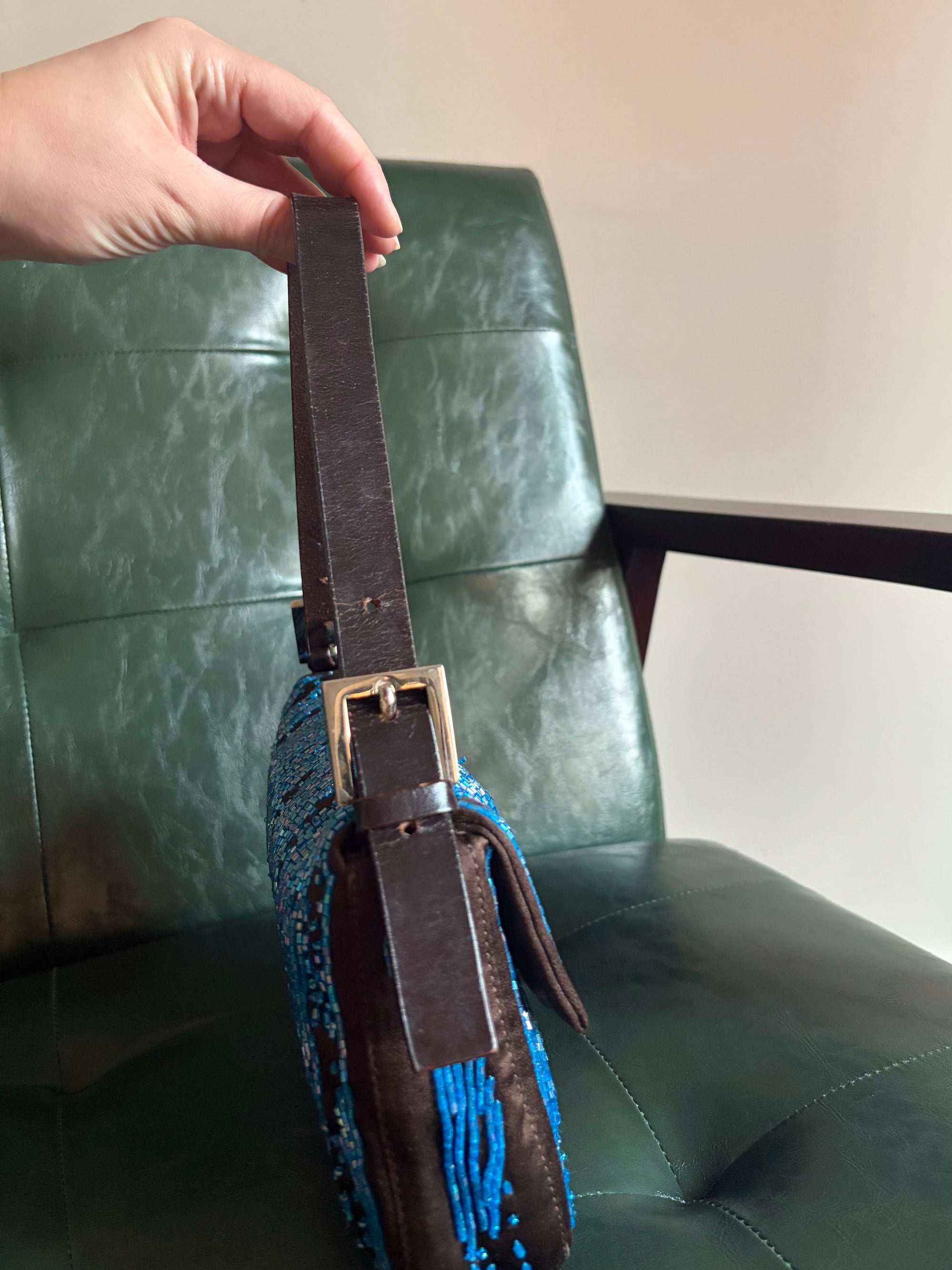 Fendi Dark Brown Satin and Blue Iridescent Beaded Baguette