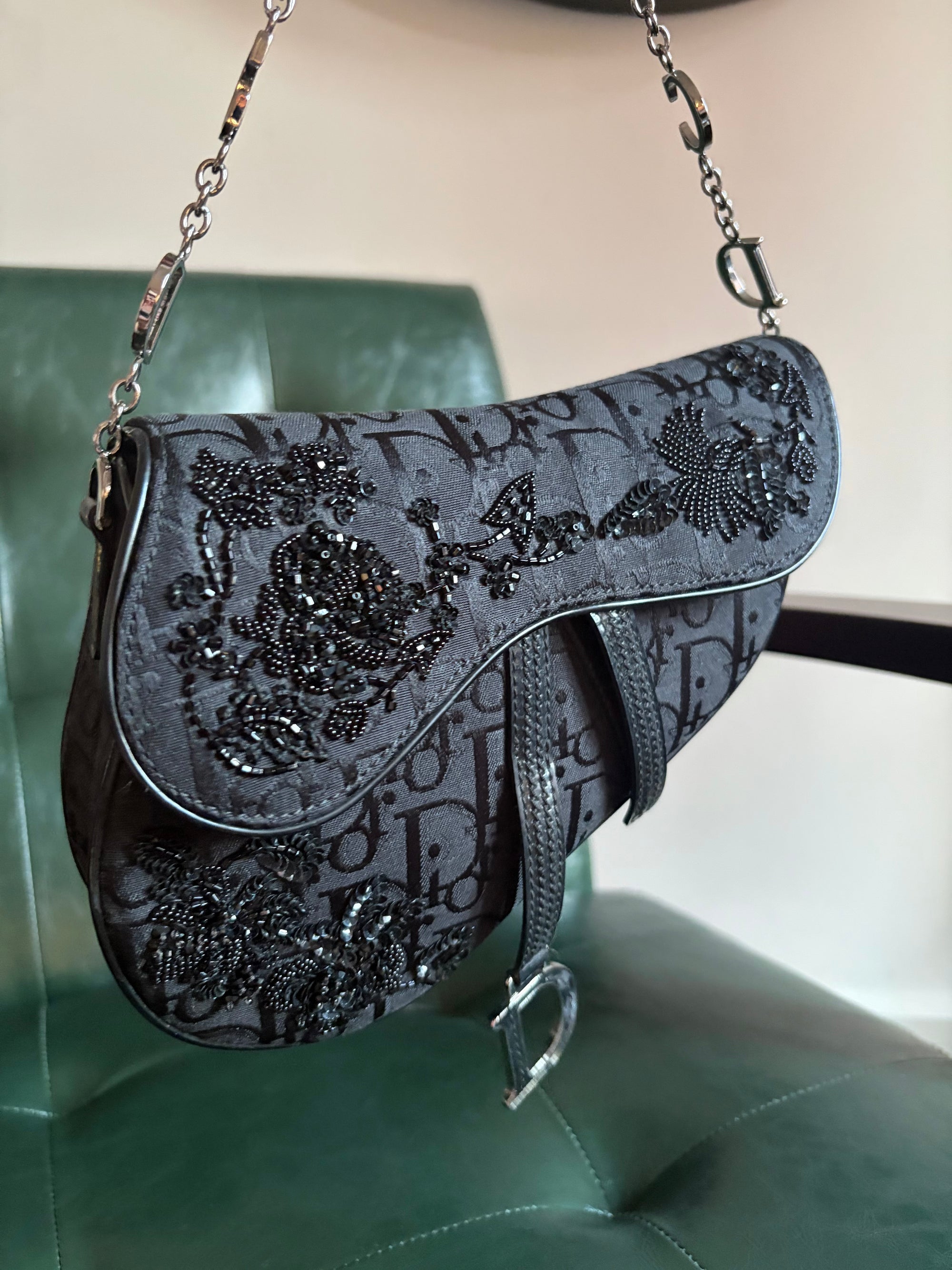 Limited Edition Dior mini saddle bag black embellished monogram canvas