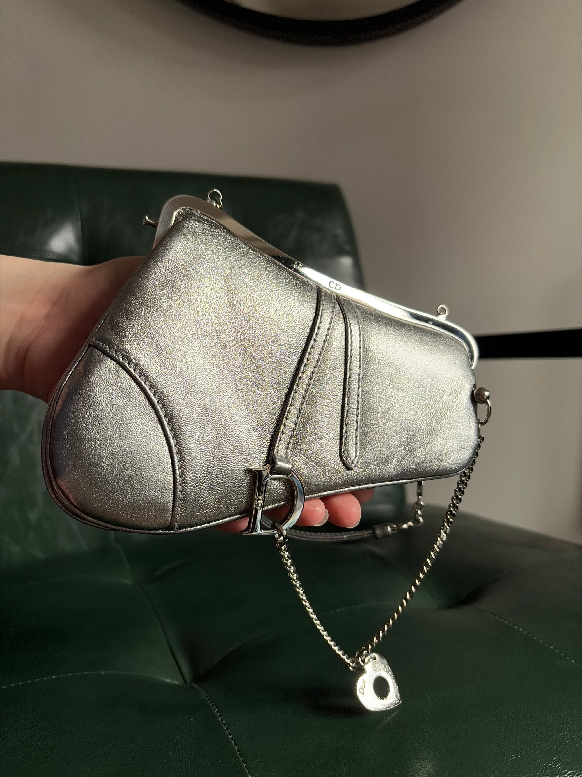 Ultra rare! Dior Silver Vintage Heart Chain Mini Saddle Bag