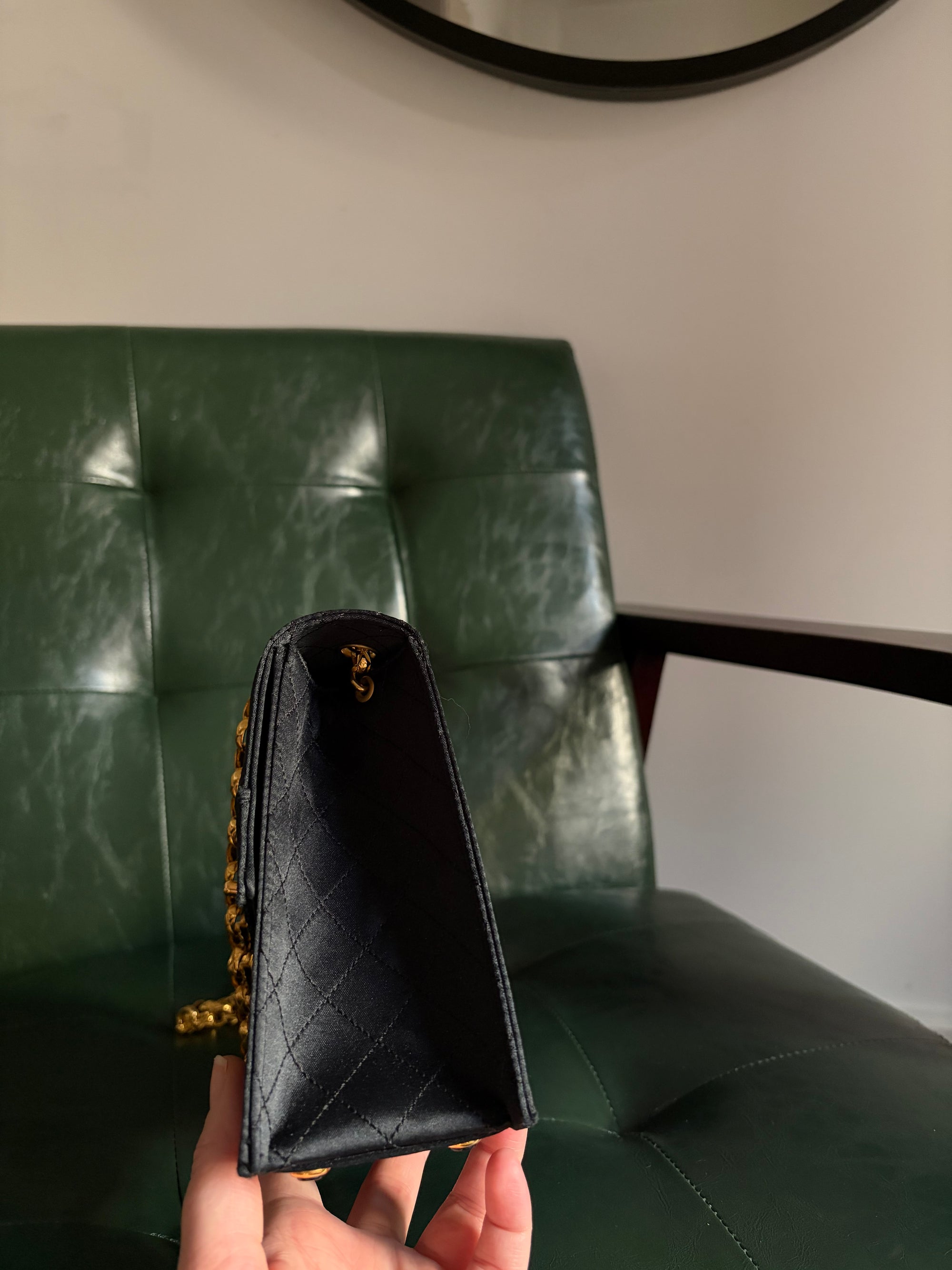 Rare! Chanel trapezoid black satin bag with 24ct gold bijoux chain