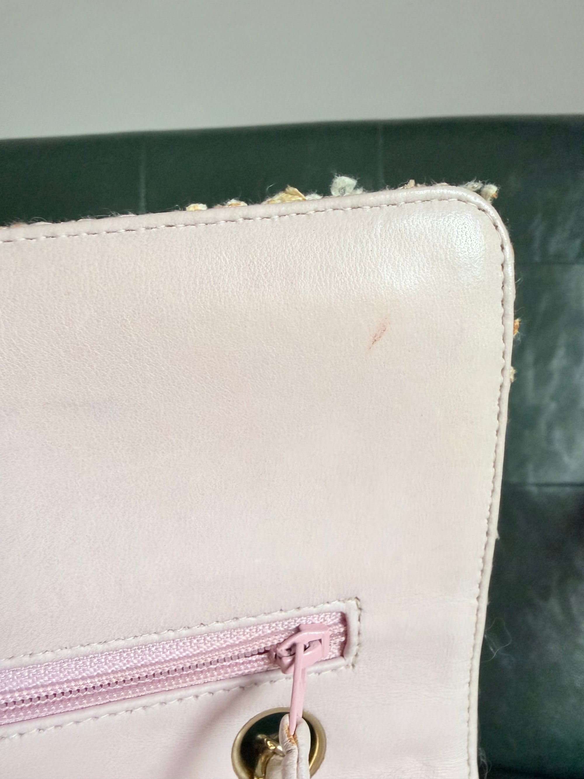 Chanel Vintage Pink and White Tweed Medium Classic Flap with 24ct Gold Hardware