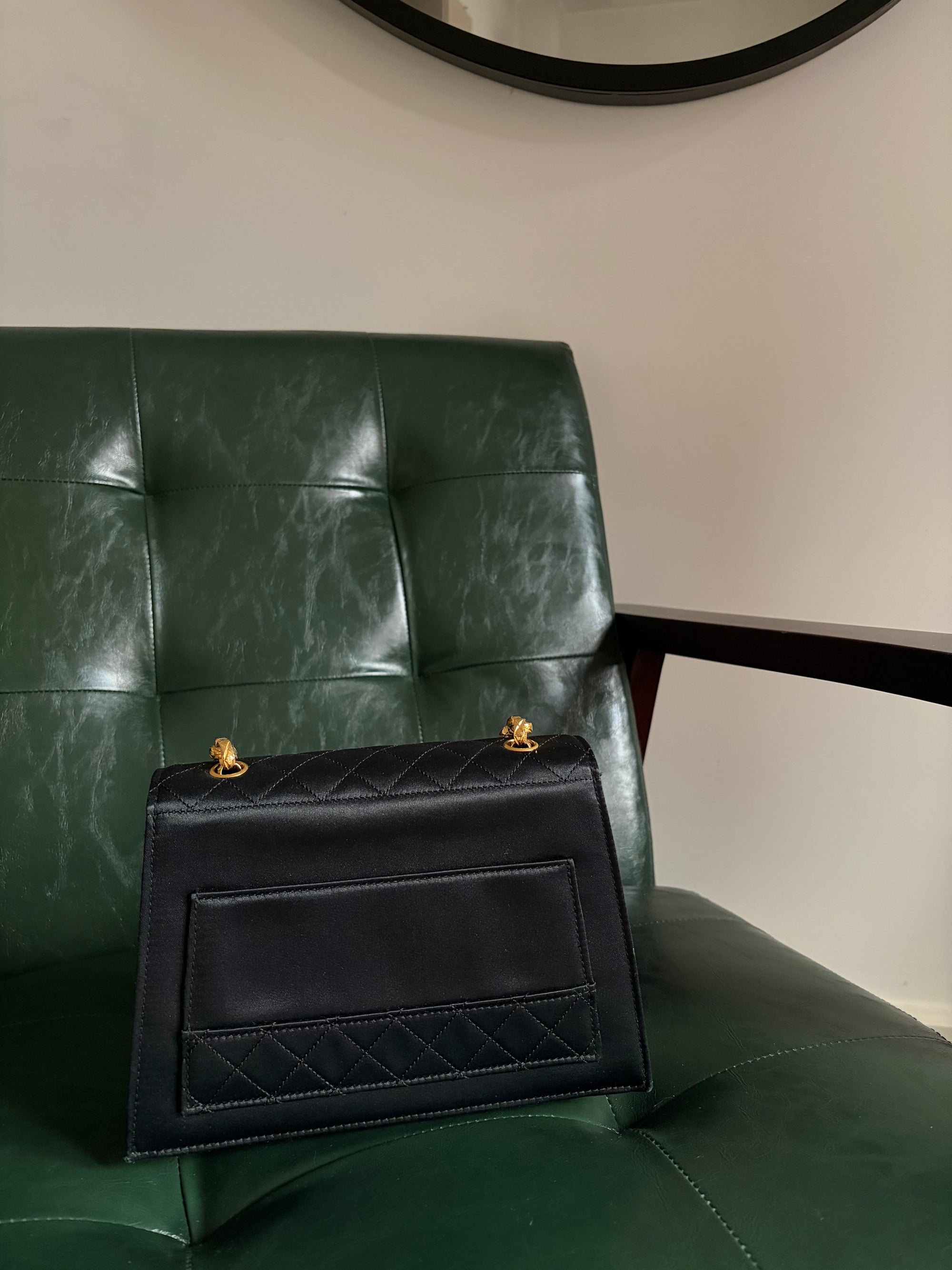 Rare! Chanel trapezoid black satin bag with 24ct gold bijoux chain