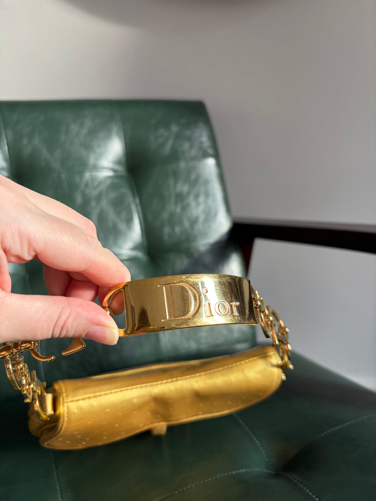 Rare! Vintage Dior gold ostrich embossed leather mini saddle bag