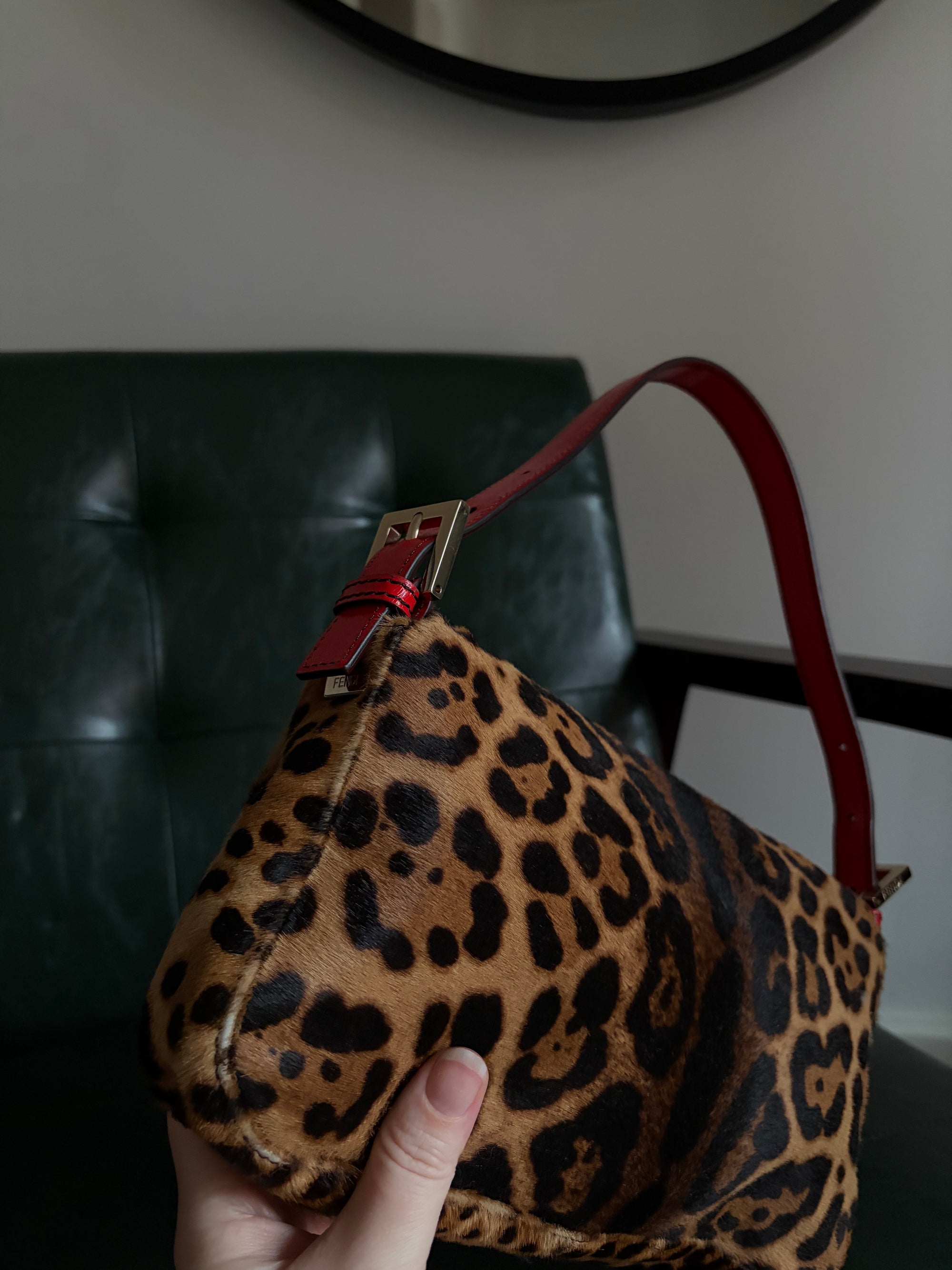 Rare! Vintage Fendi leopard print pony hair baguette bag with red leather trim