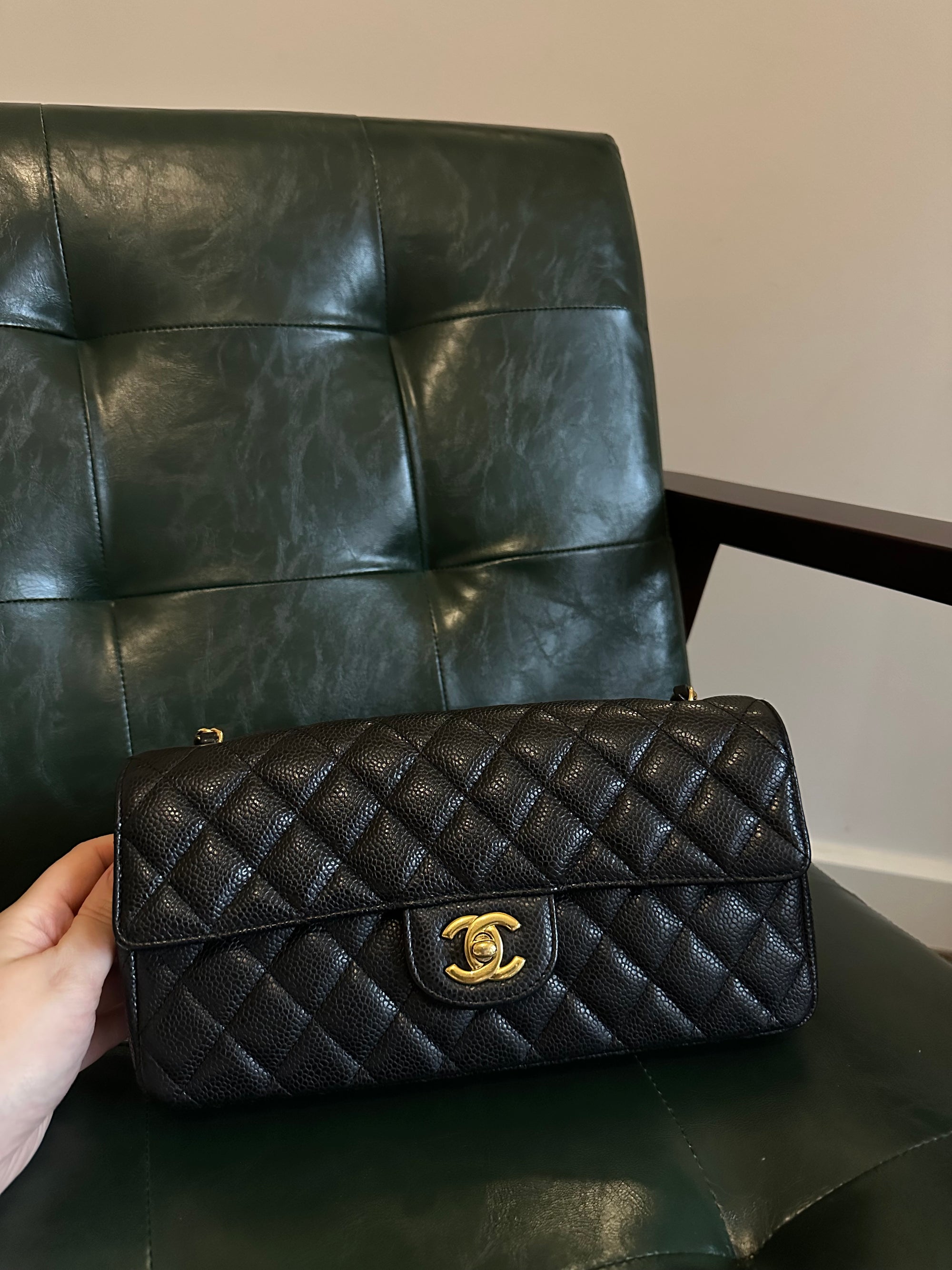 Chanel black caviar leather East West shoulder bag