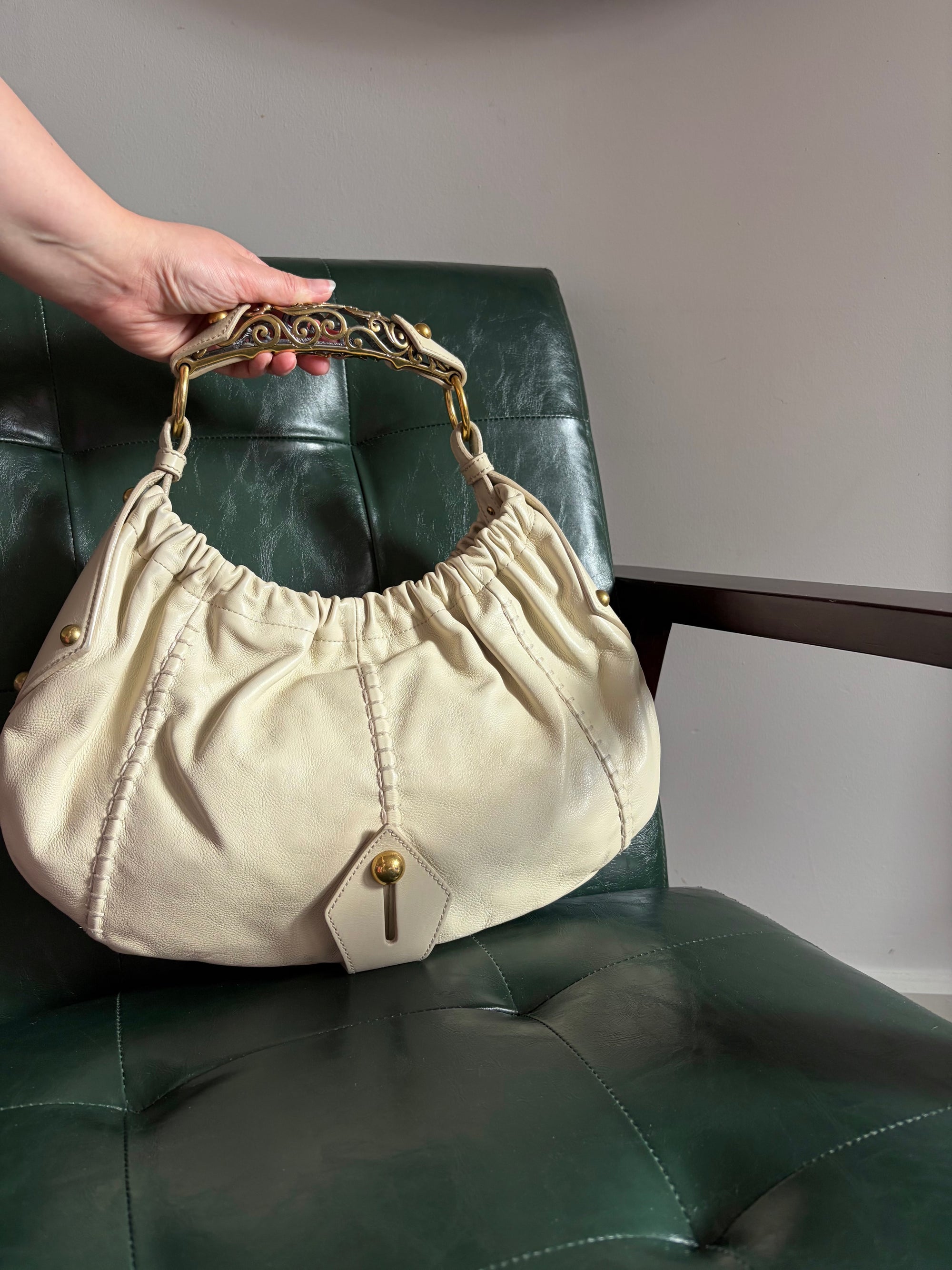 Vintage Yves Saint Laurent Cream Mombasa Bag Gold Horn