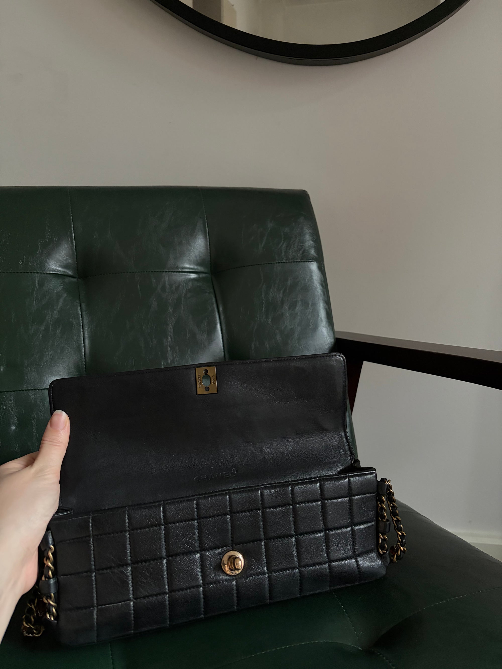 Rare! Chanel black lambskin chocolate bar east west bag with embellished chain