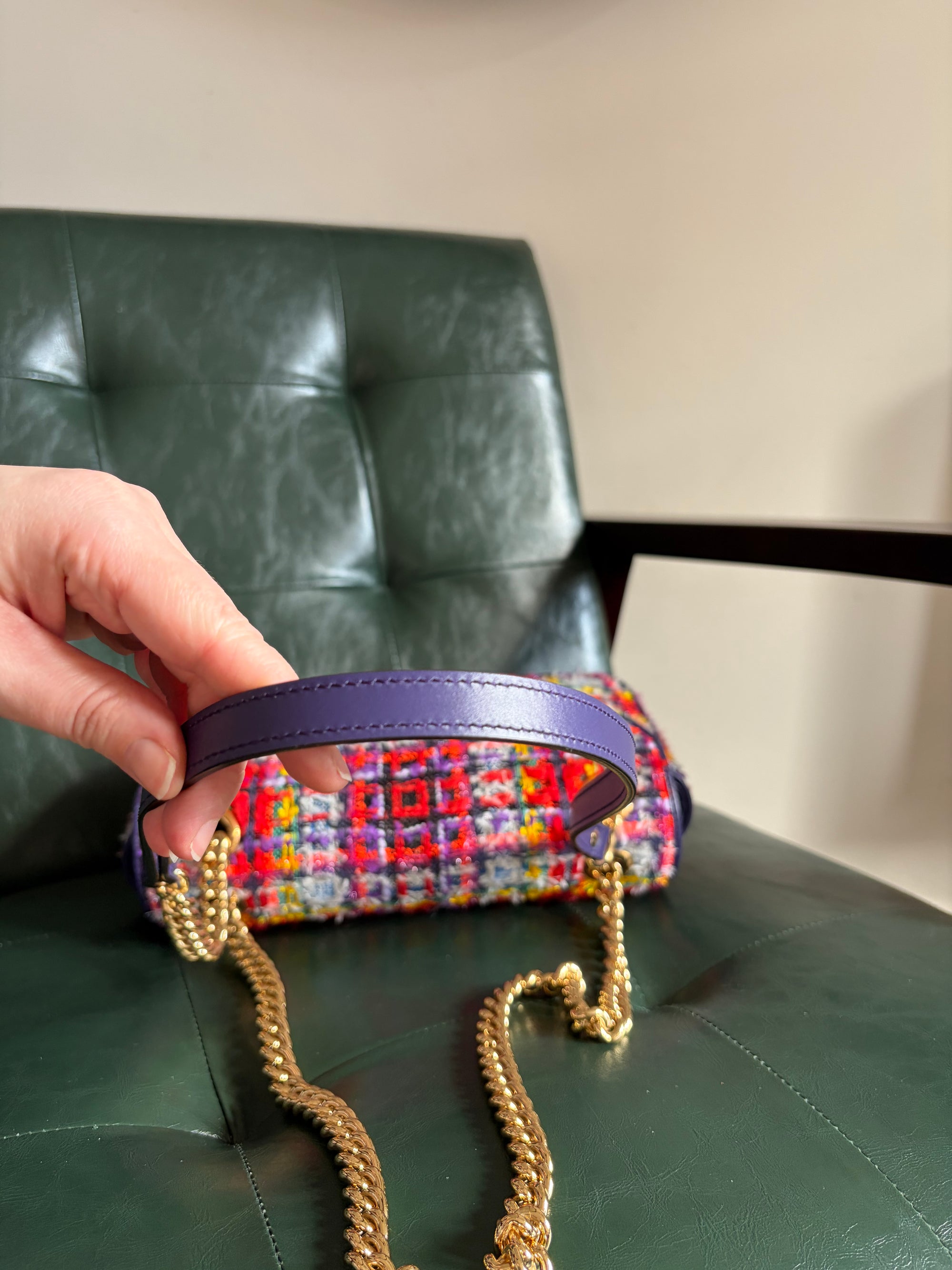 Gucci Marmont Small Multicoloured Tweed Mixed Metal Bag