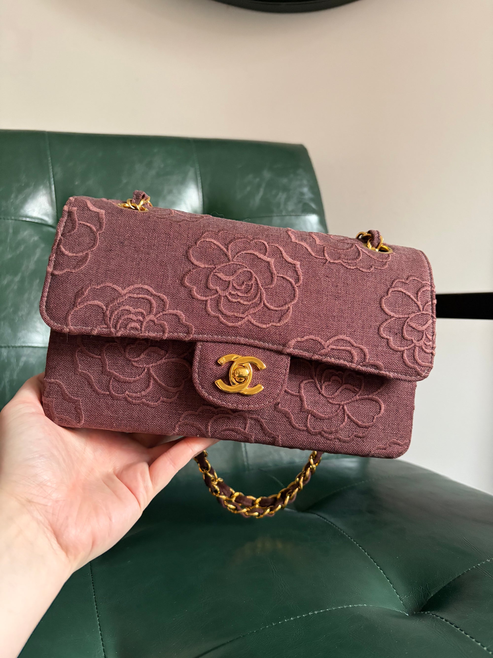 Ultra rare! Vintage Chanel Burgundy Linen Camellia Small Double Flap Bag