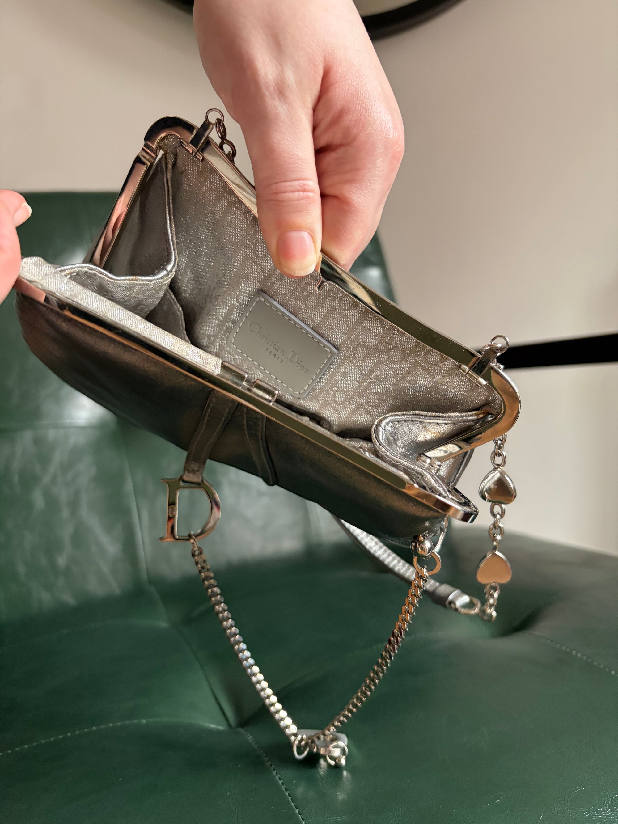 Ultra rare! Dior Silver Vintage Heart Chain Mini Saddle Bag