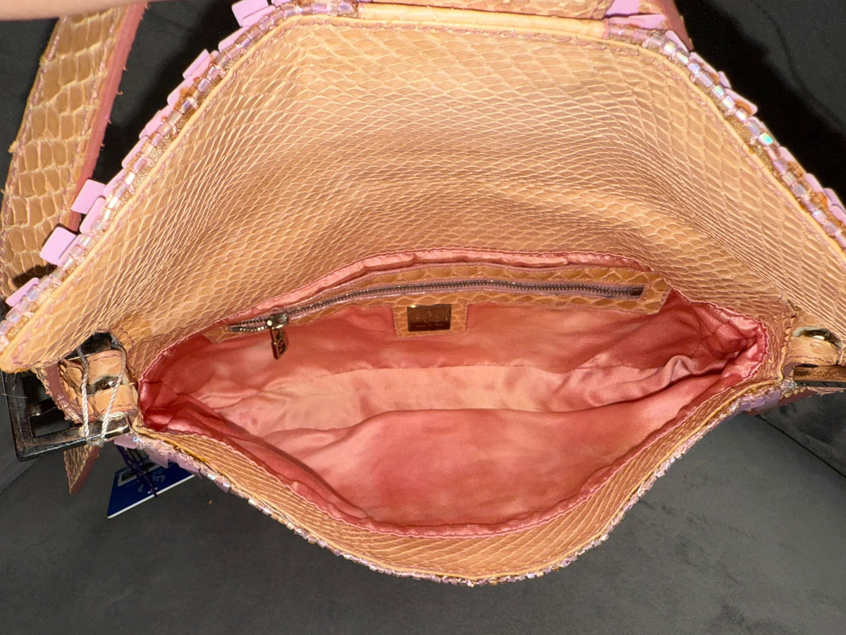 Rare! Fendi Paillettes Pink Beaded and Sequin Vintage Baguette Exotic Trim