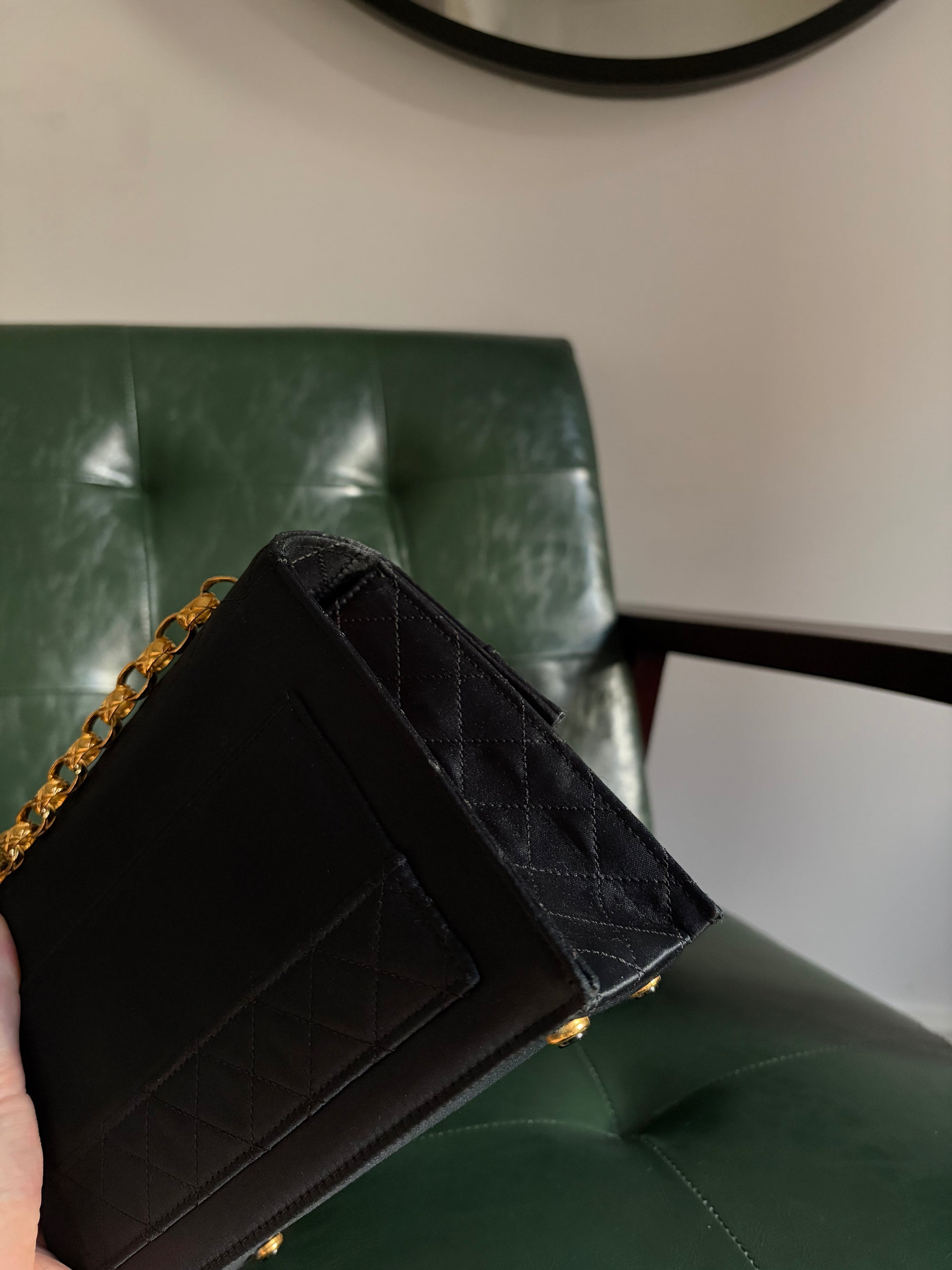 Rare! Chanel trapezoid black satin bag with 24ct gold bijoux chain