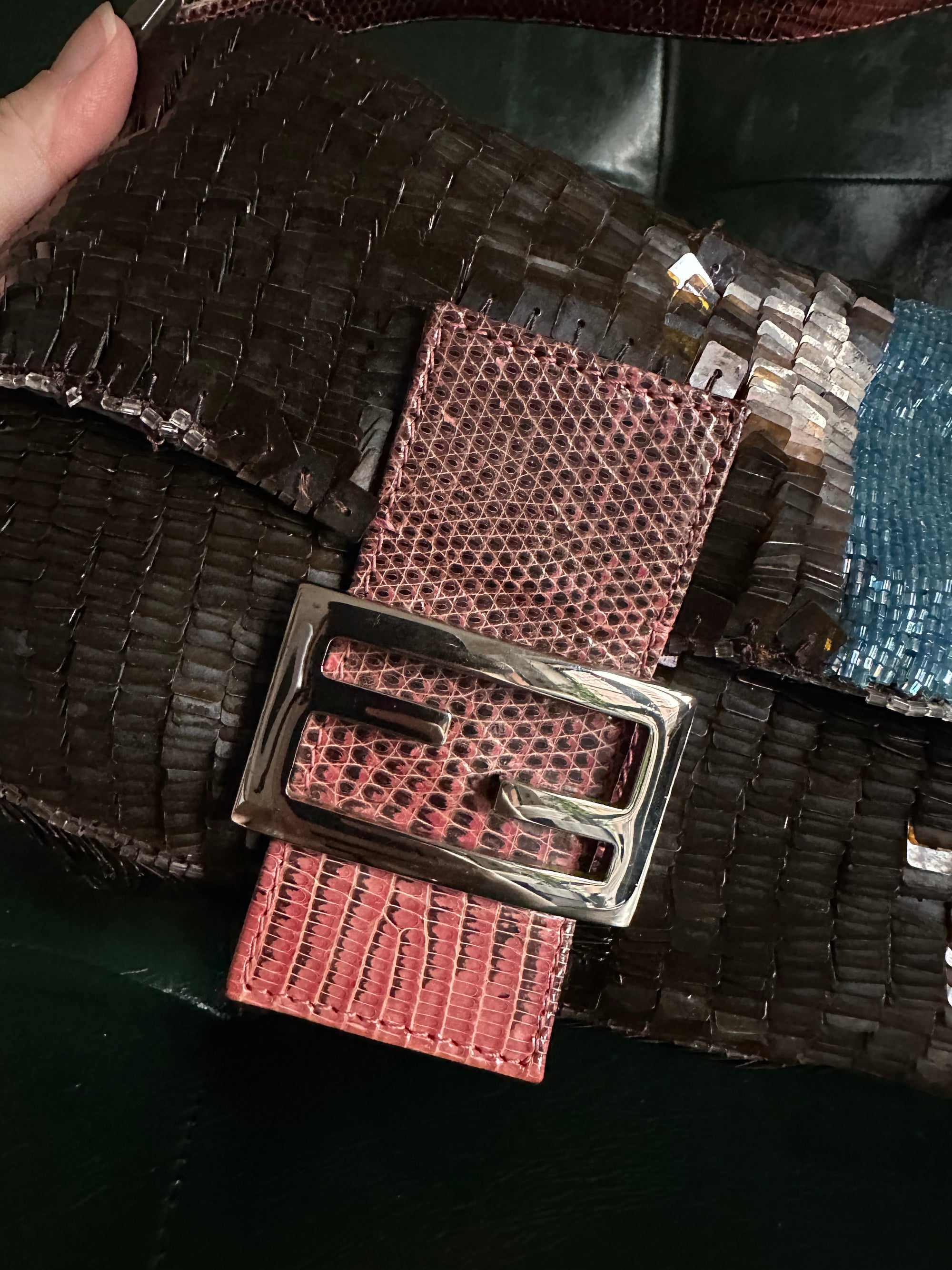 Rare! Fendi Vintage Brown Sequin Baguette With Exotic Lizard Trim