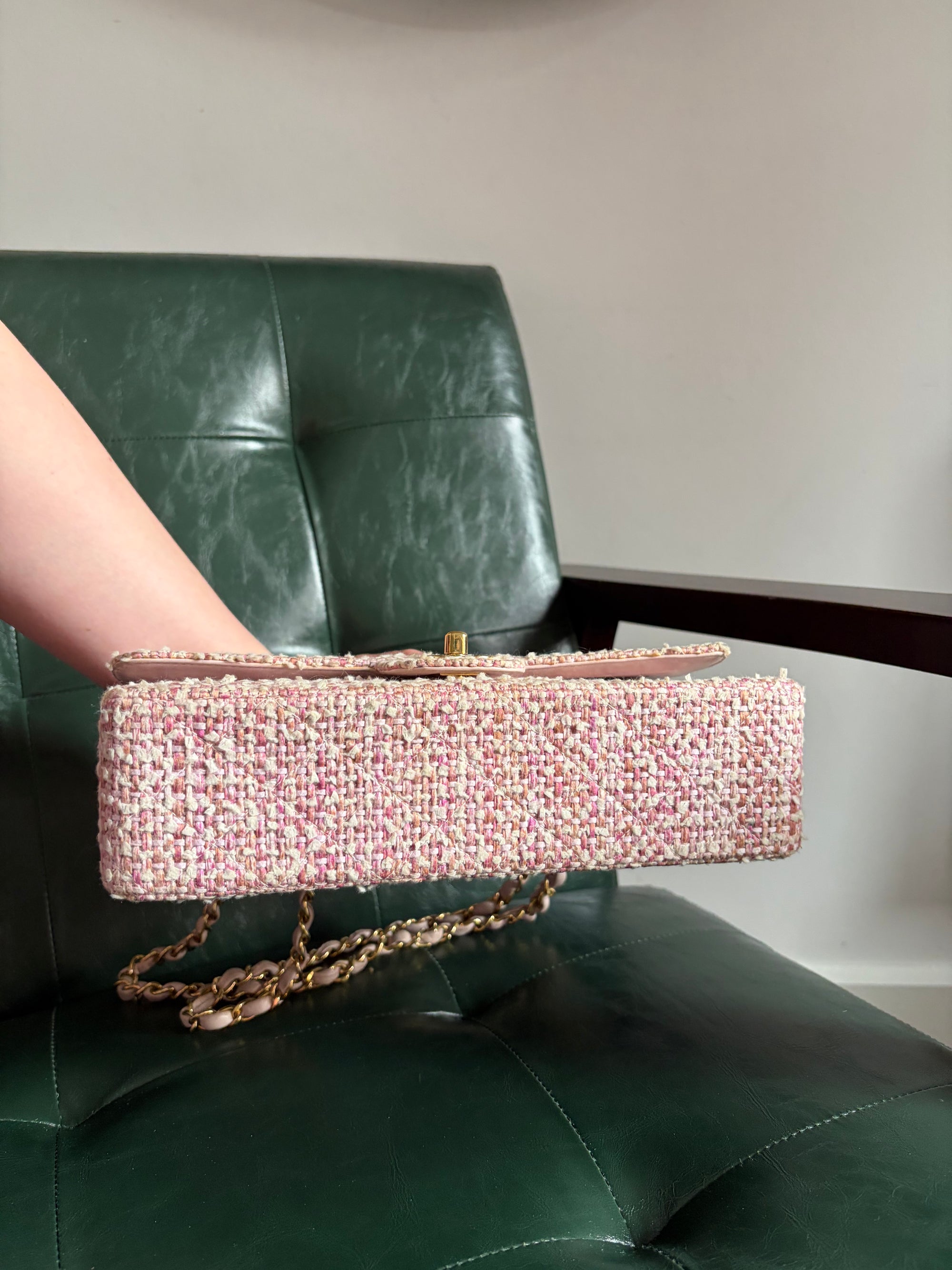 Chanel Vintage Pink and White Tweed Medium Classic Flap with 24ct Gold Hardware