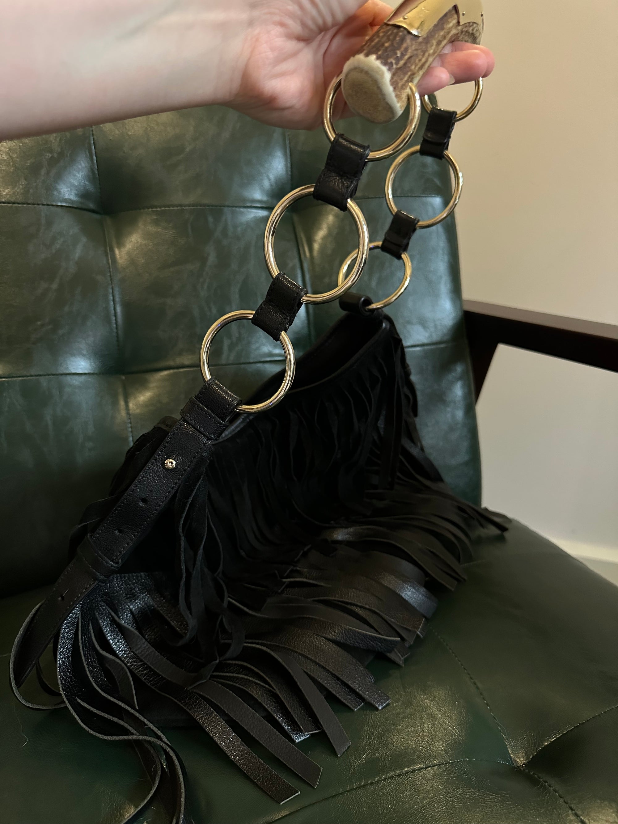 Yves Saint Laurent black suede fringed Mombasa bag
