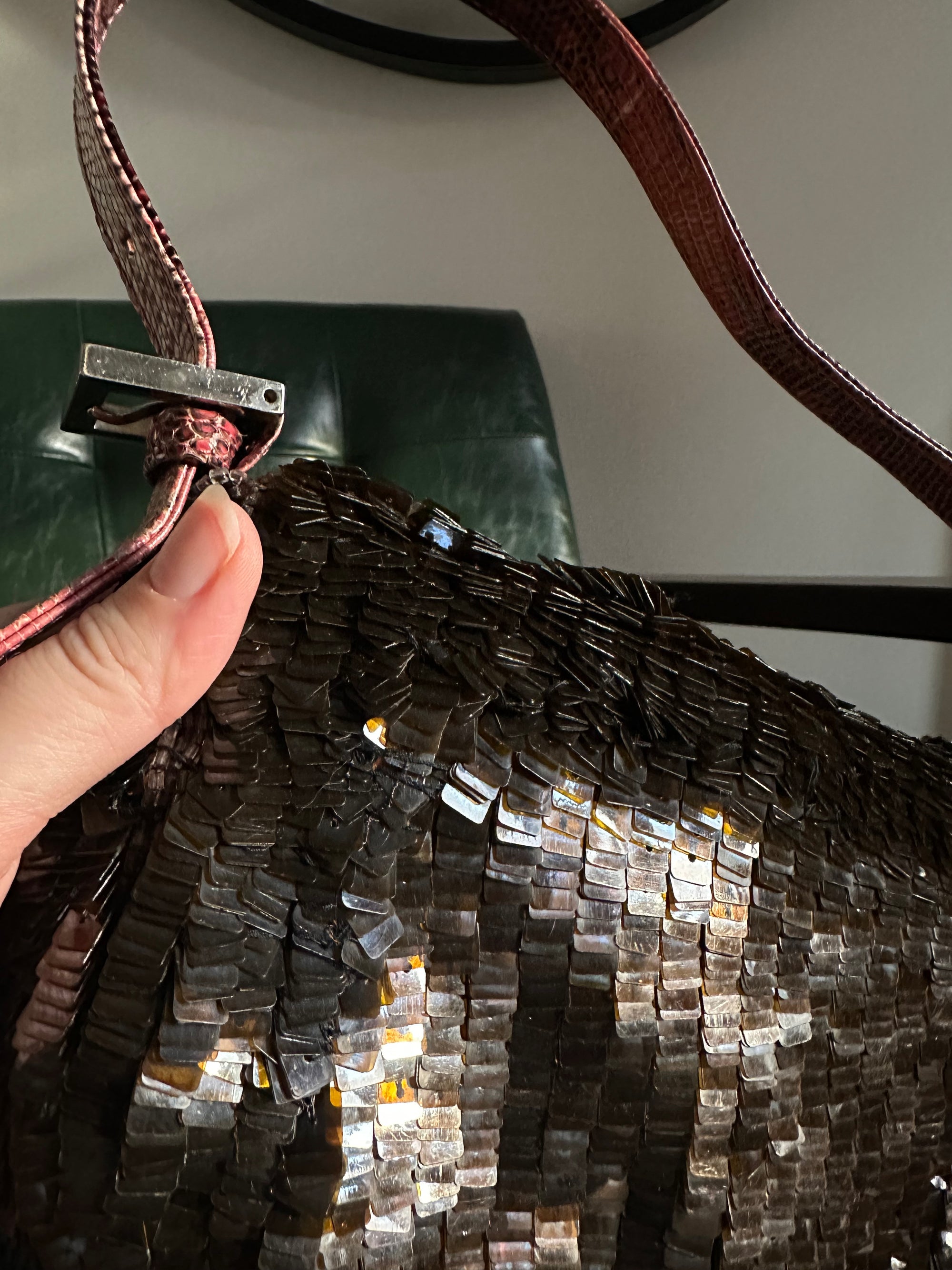 Rare! Fendi Vintage Brown Sequin Baguette With Exotic Lizard Trim