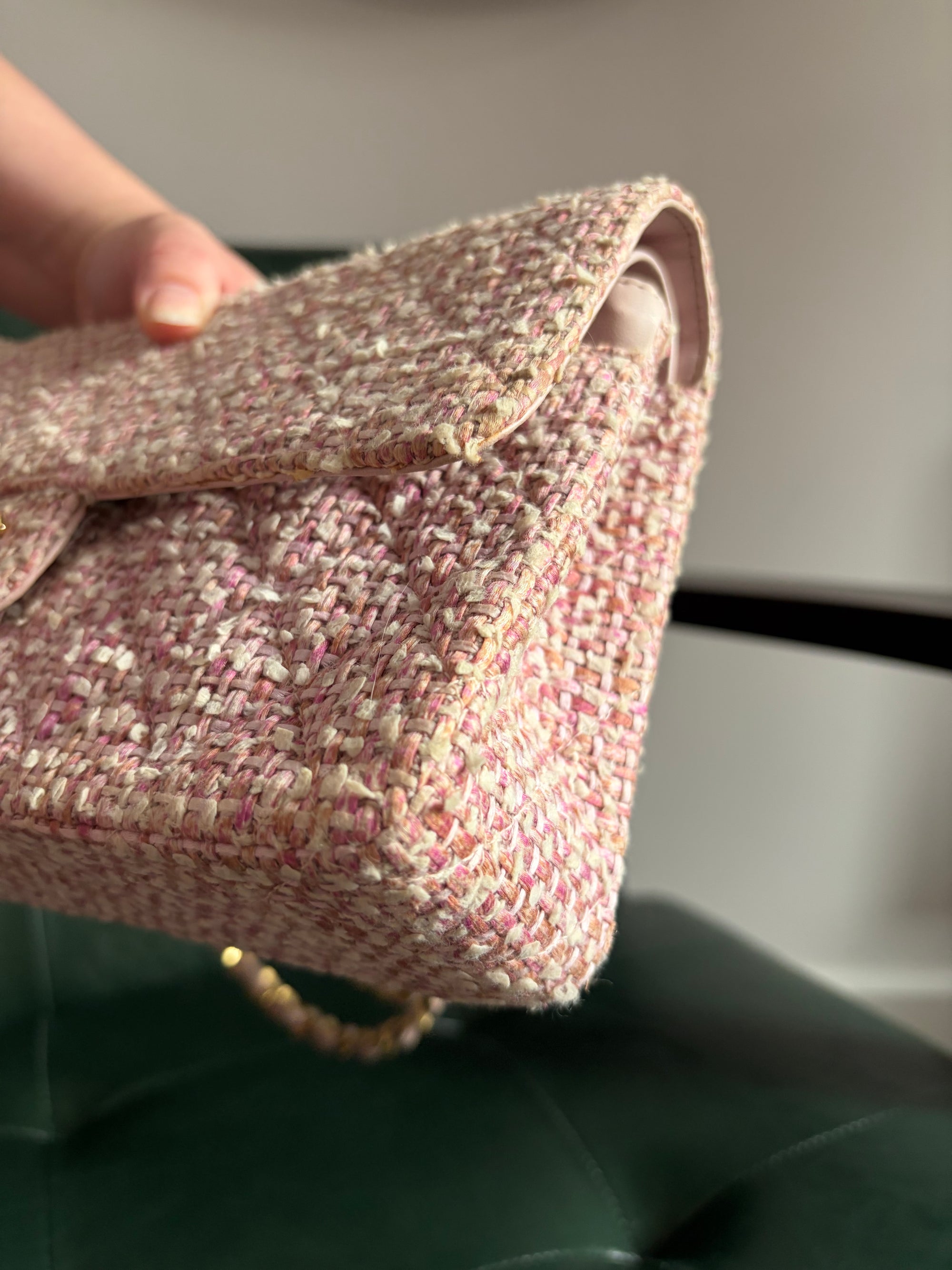 Chanel Vintage Pink and White Tweed Medium Classic Flap with 24ct Gold Hardware