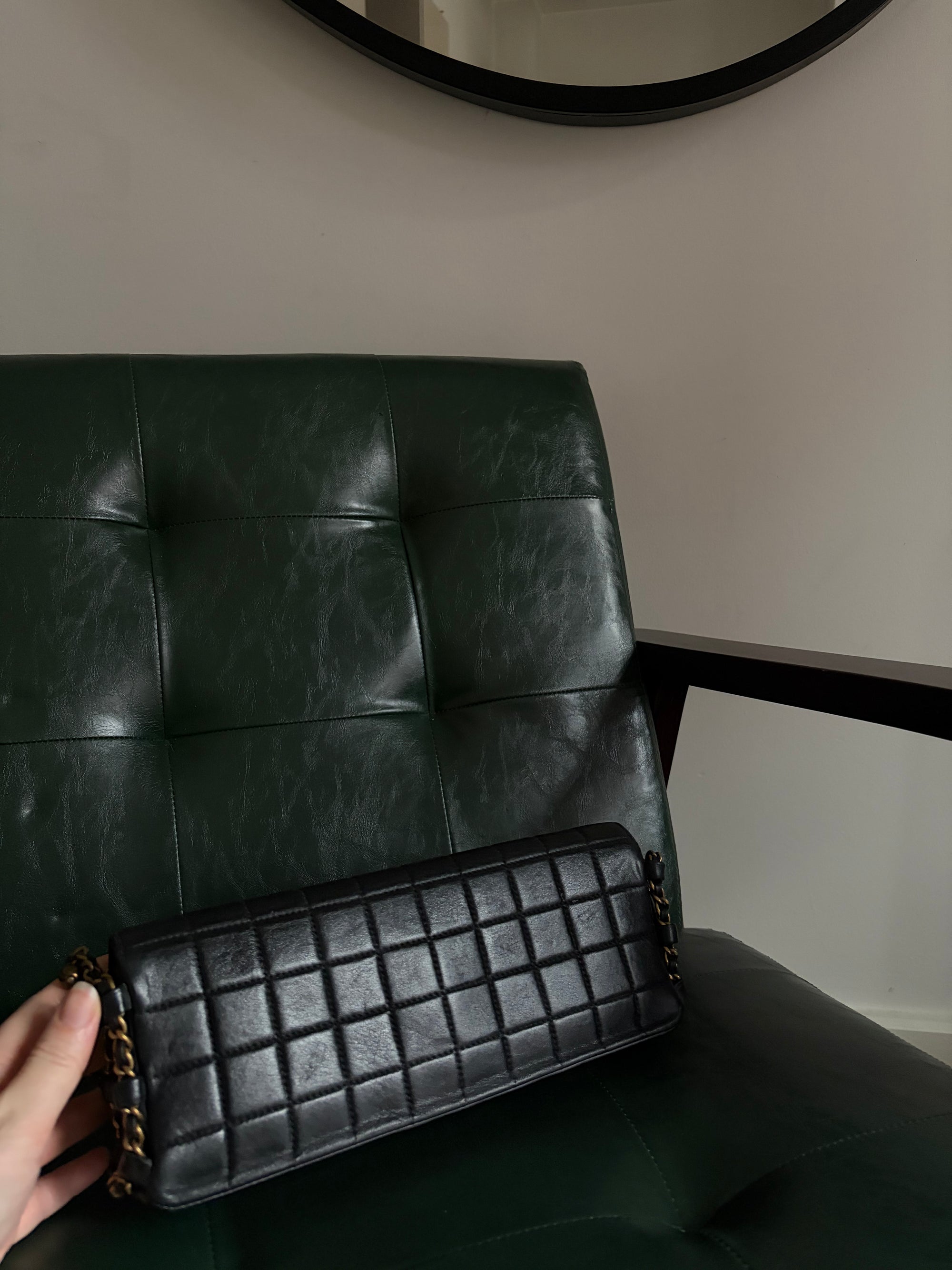 Rare! Chanel black lambskin chocolate bar east west bag with embellished chain