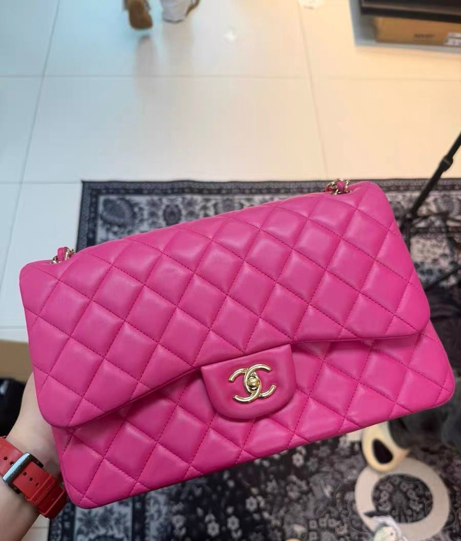 Chanel hot pink lambskin jumbo classic flap