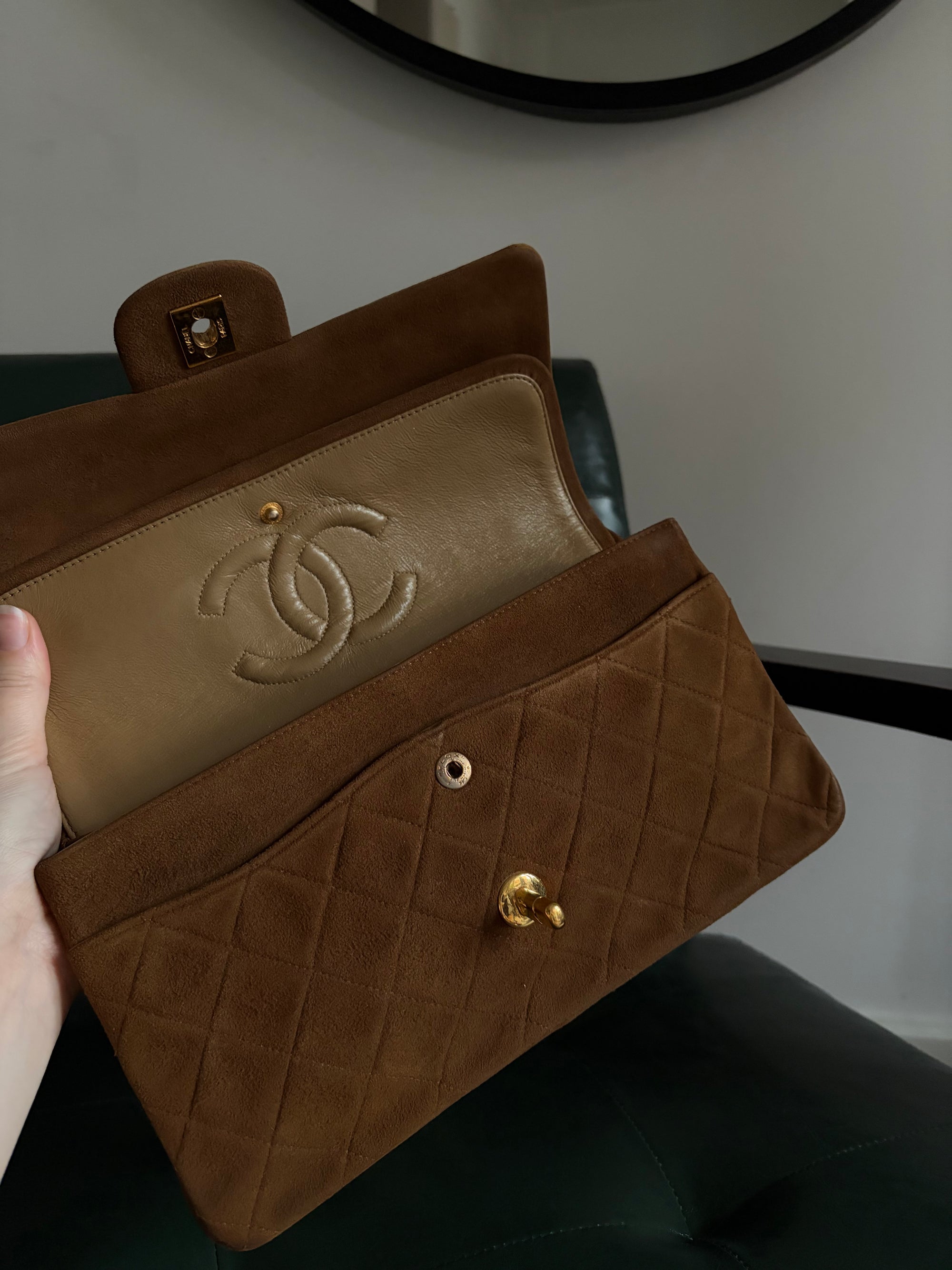 Chanel vintage caramel brown suede medium classic flap bag - 24ct gold