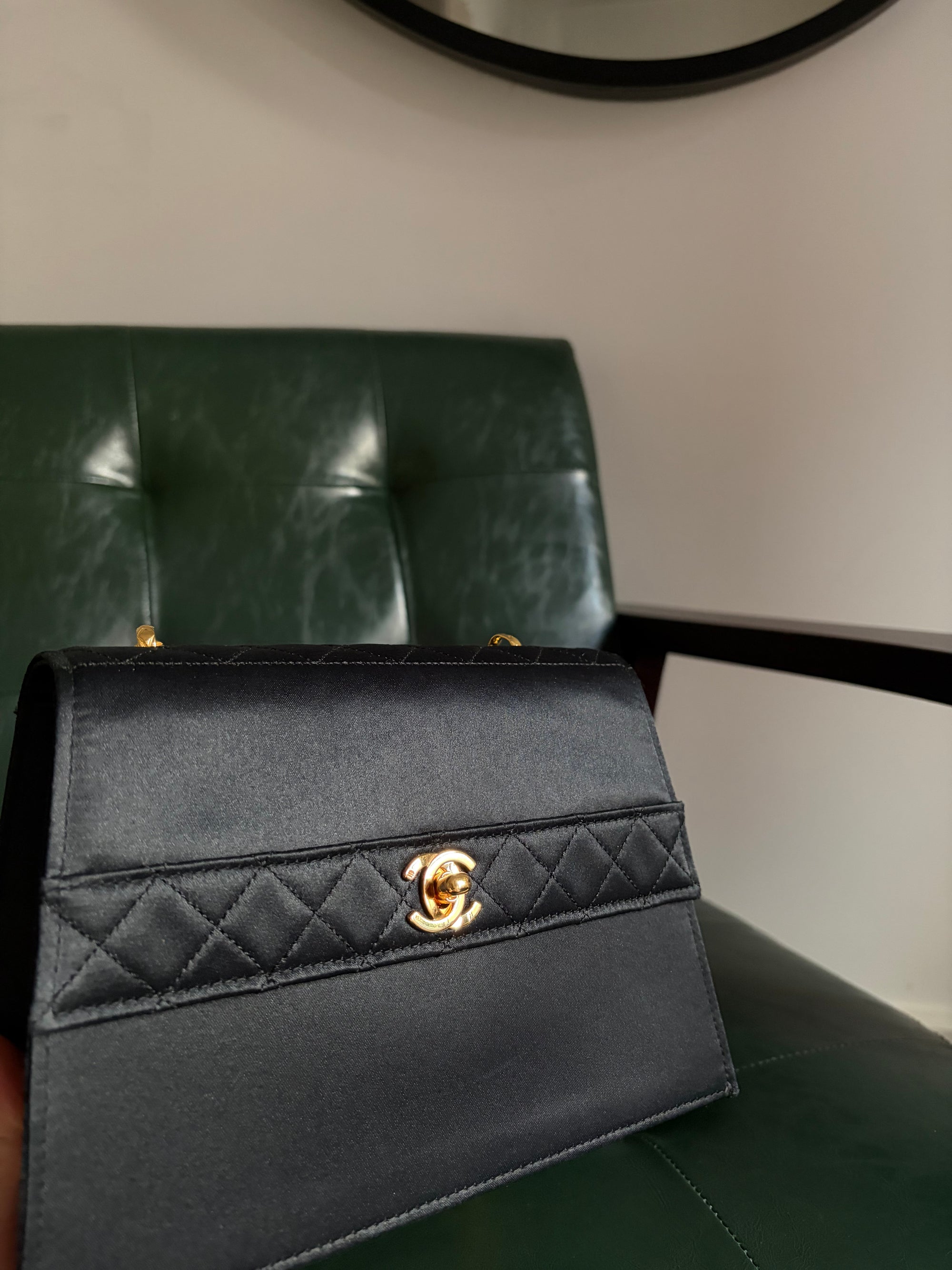 Rare! Chanel trapezoid black satin bag with 24ct gold bijoux chain