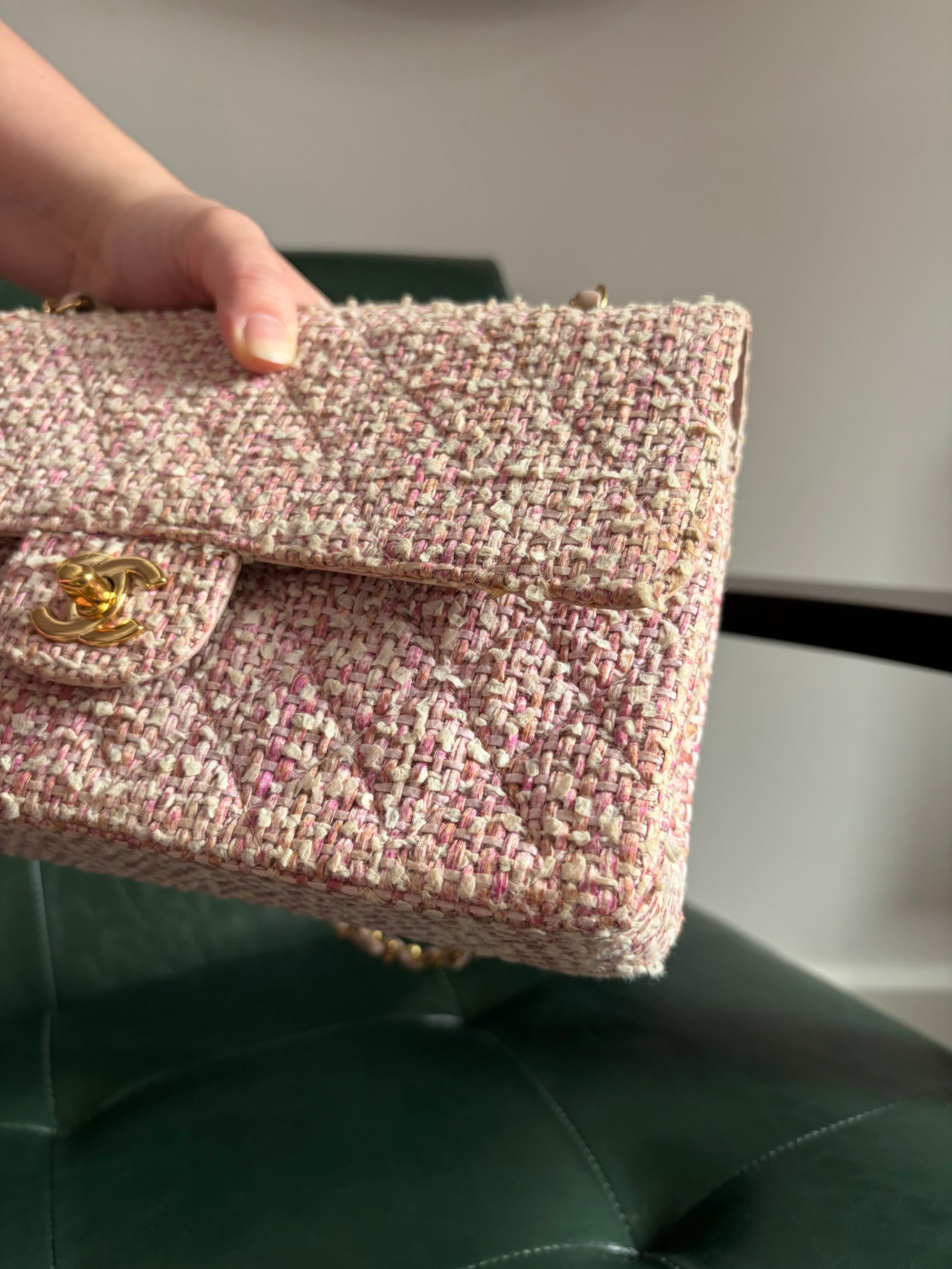 Chanel Vintage Pink and White Tweed Medium Classic Flap with 24ct Gold Hardware