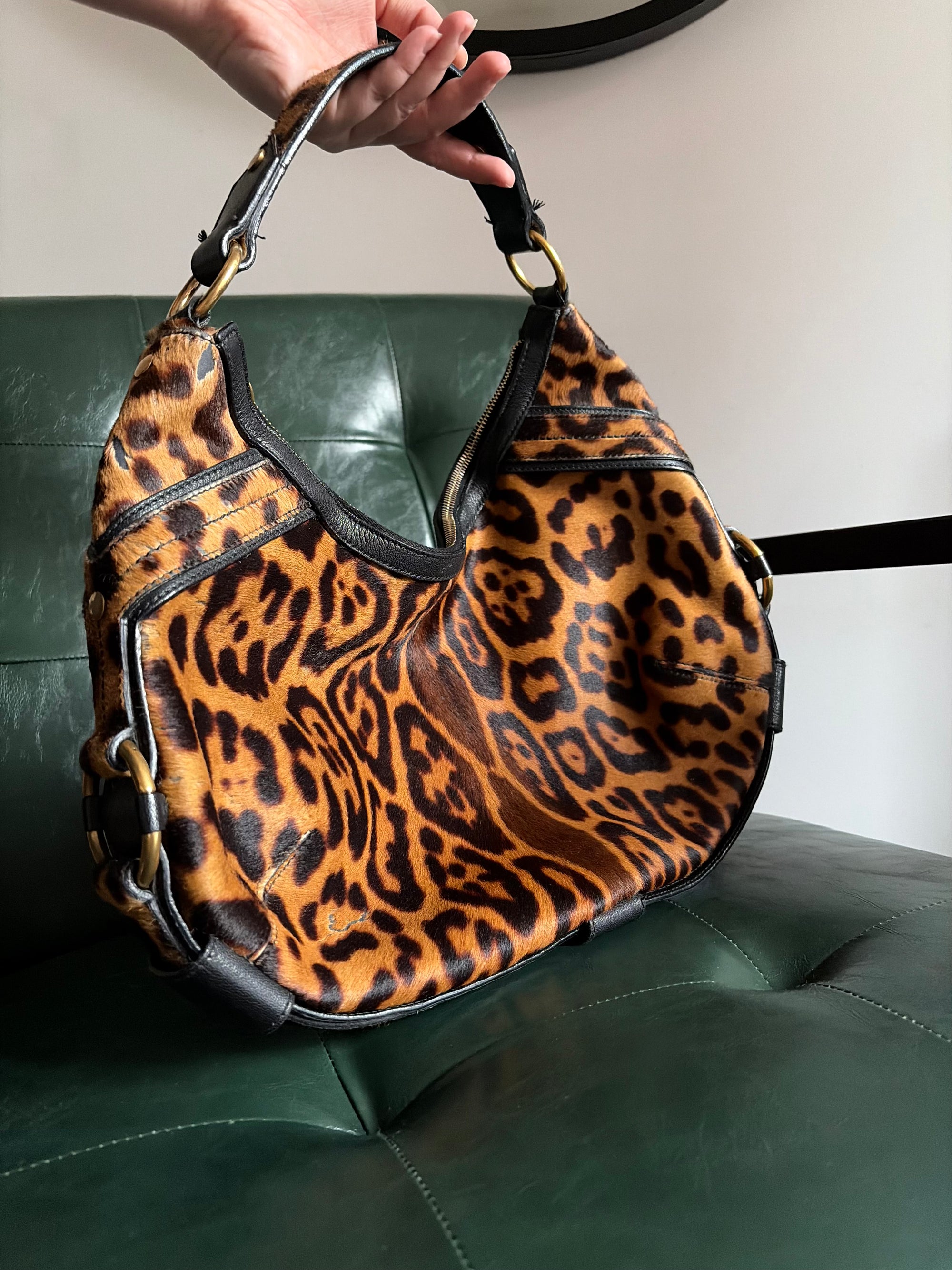 Vintage Yves Saint Laurent Large Leopard Print Pony Hair Hobo Mombasa Bag