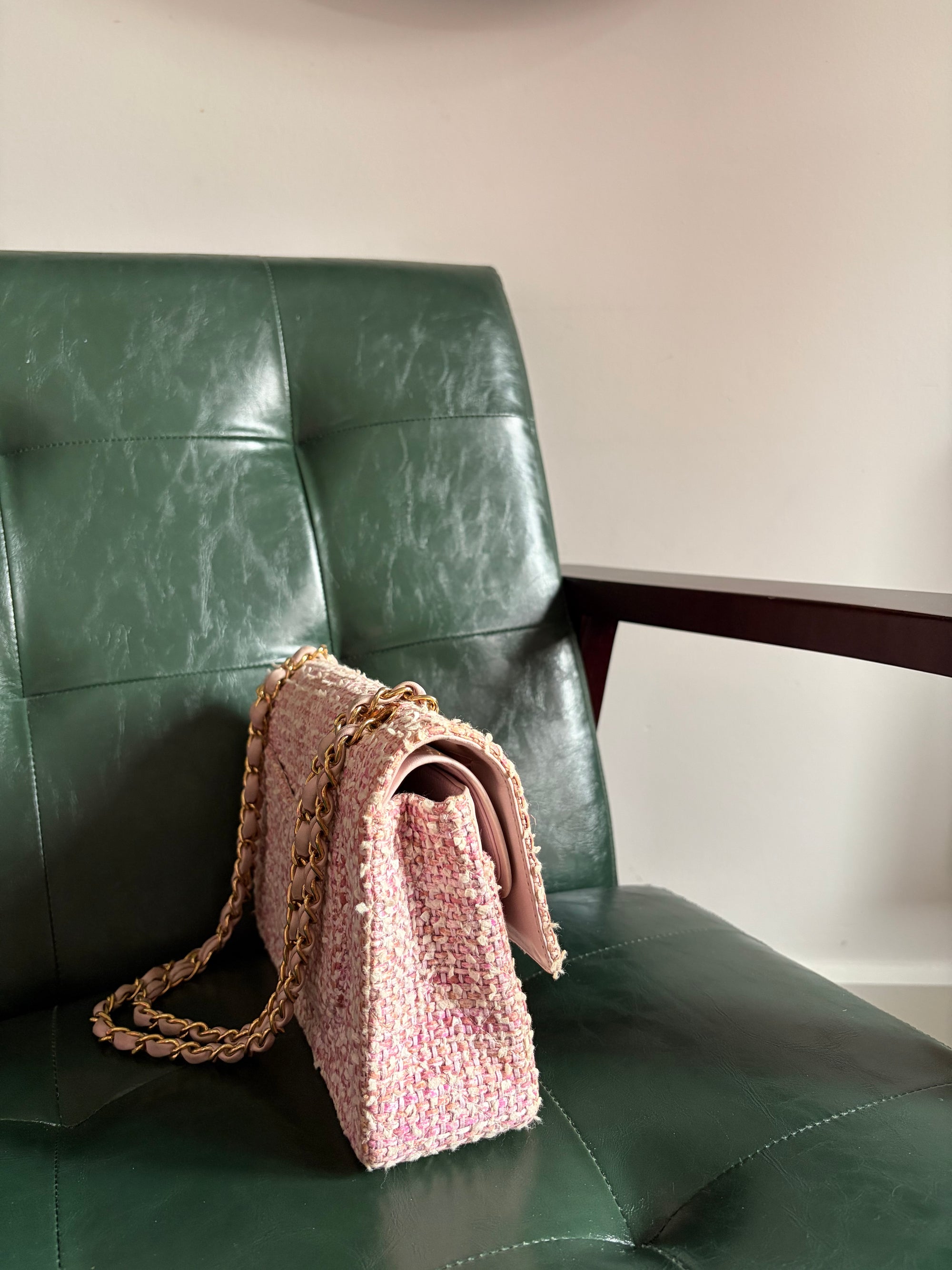 Chanel Vintage Pink and White Tweed Medium Classic Flap with 24ct Gold Hardware