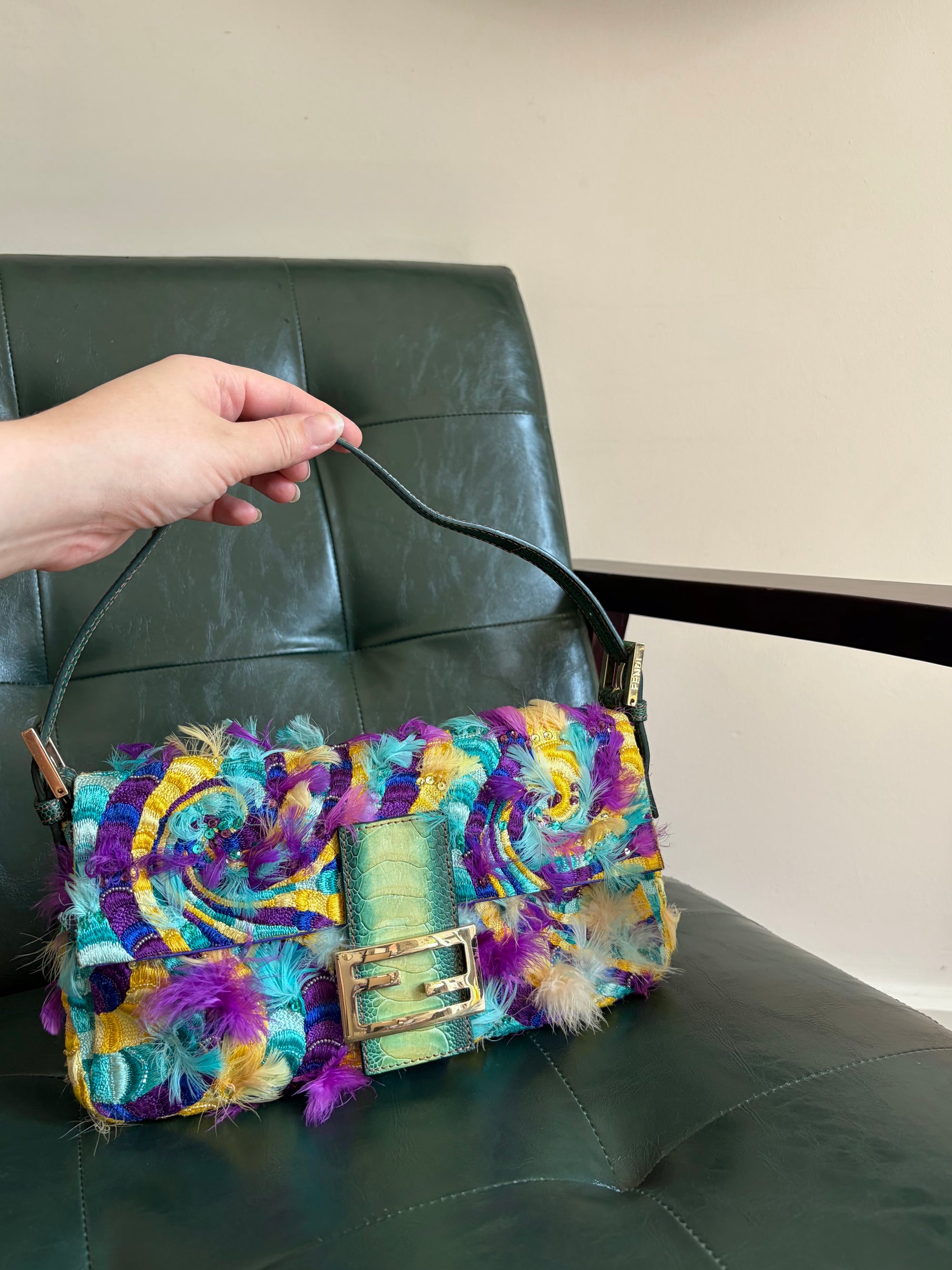 Ultra rare! Fendi ‘Willy Wonka’ embroidered fabric swirl and feather baguette bag