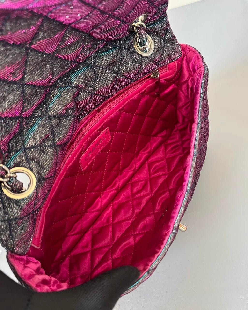 Chanel glitter fabric iridescent medium flap bag