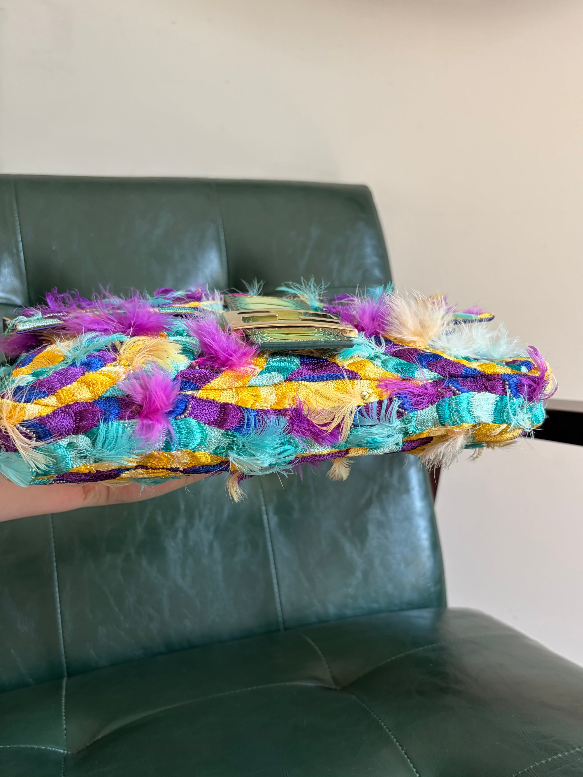 Ultra rare! Fendi ‘Willy Wonka’ embroidered fabric swirl and feather baguette bag