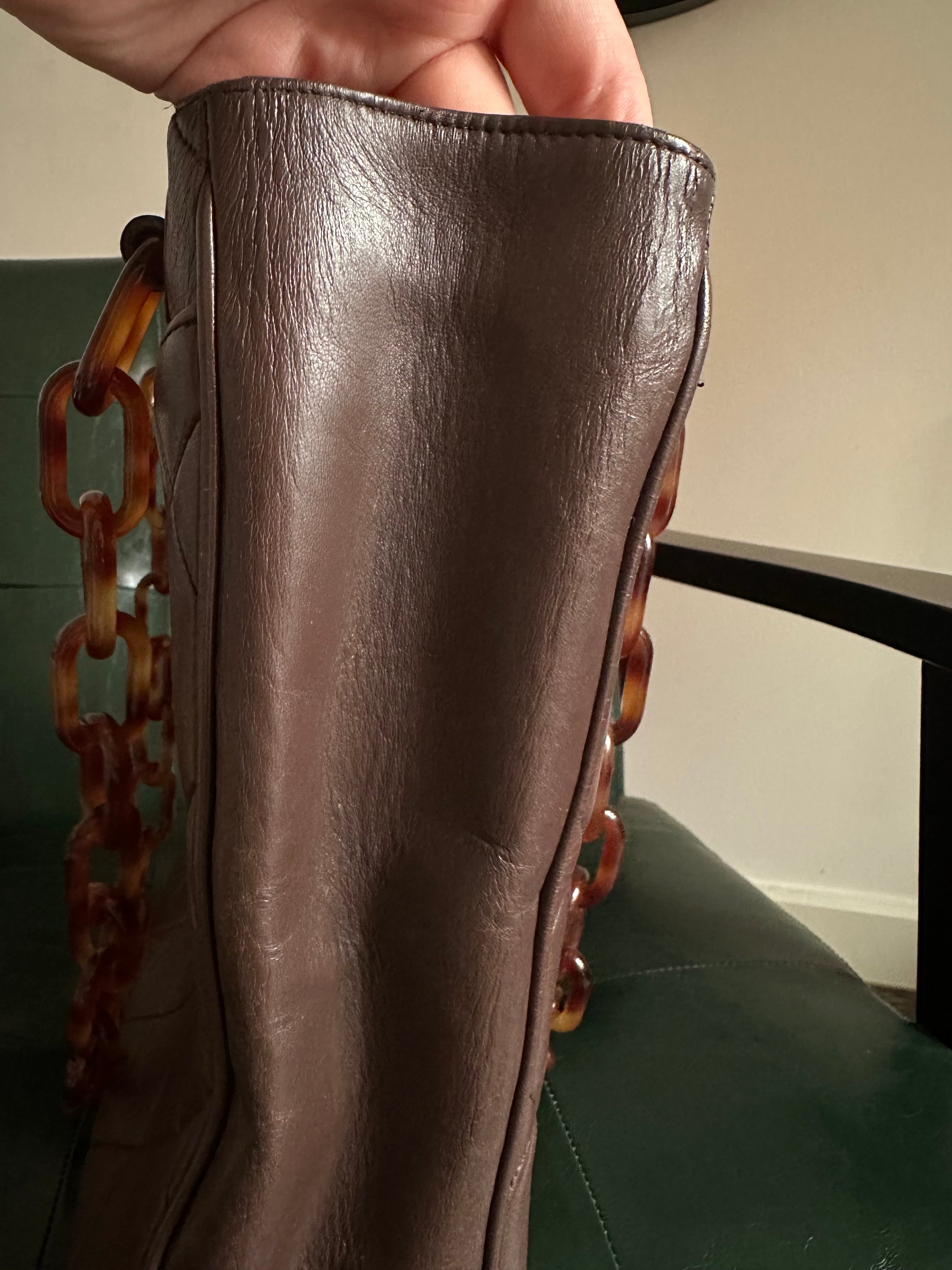 Chanel Vintage Brown Lambskin Tortoiseshell Chain Tote Bag