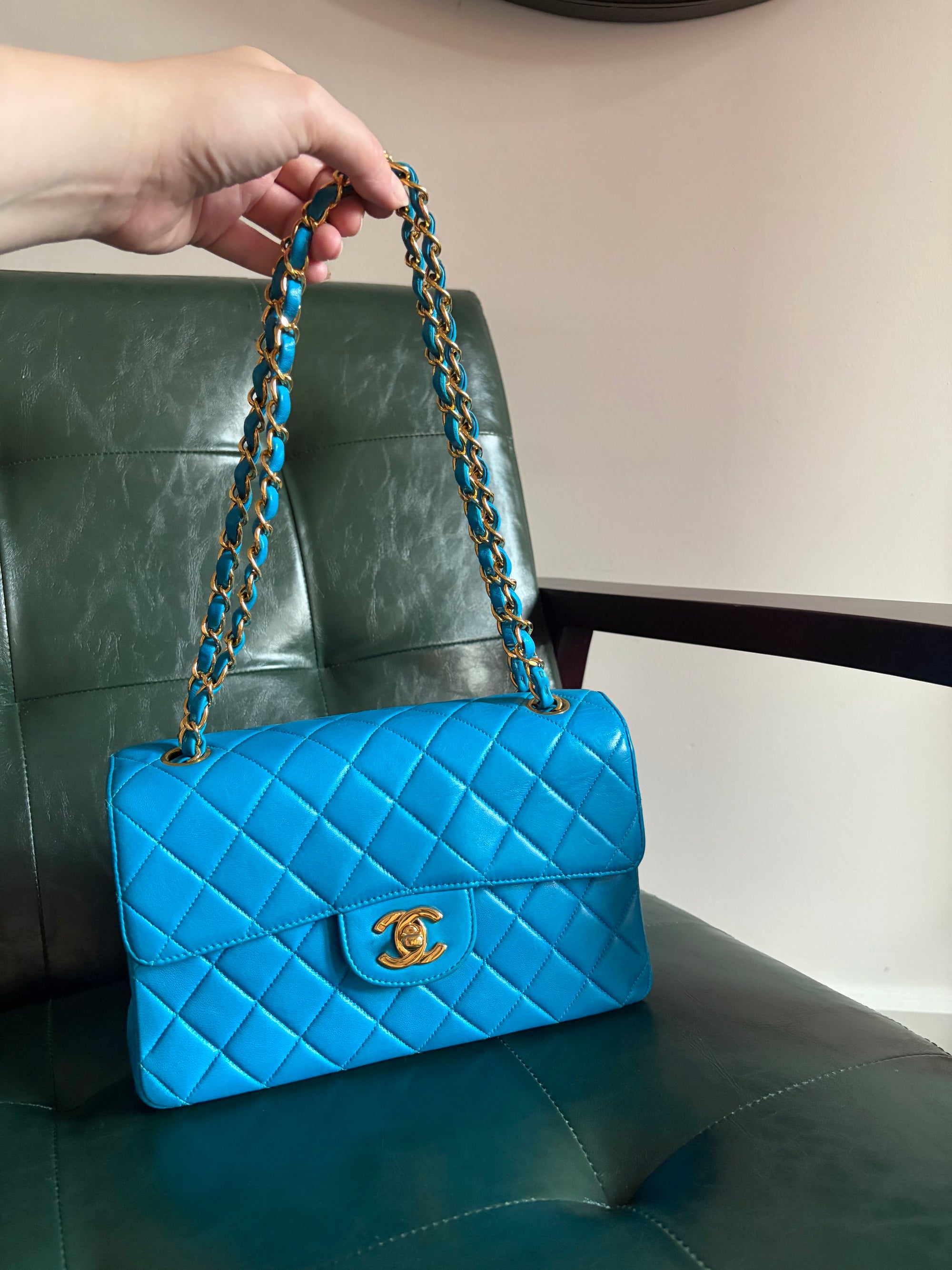 Rare! Vintage Chanel cerulean blue lambskin double sided flap bag with 24ct gold plated hardware