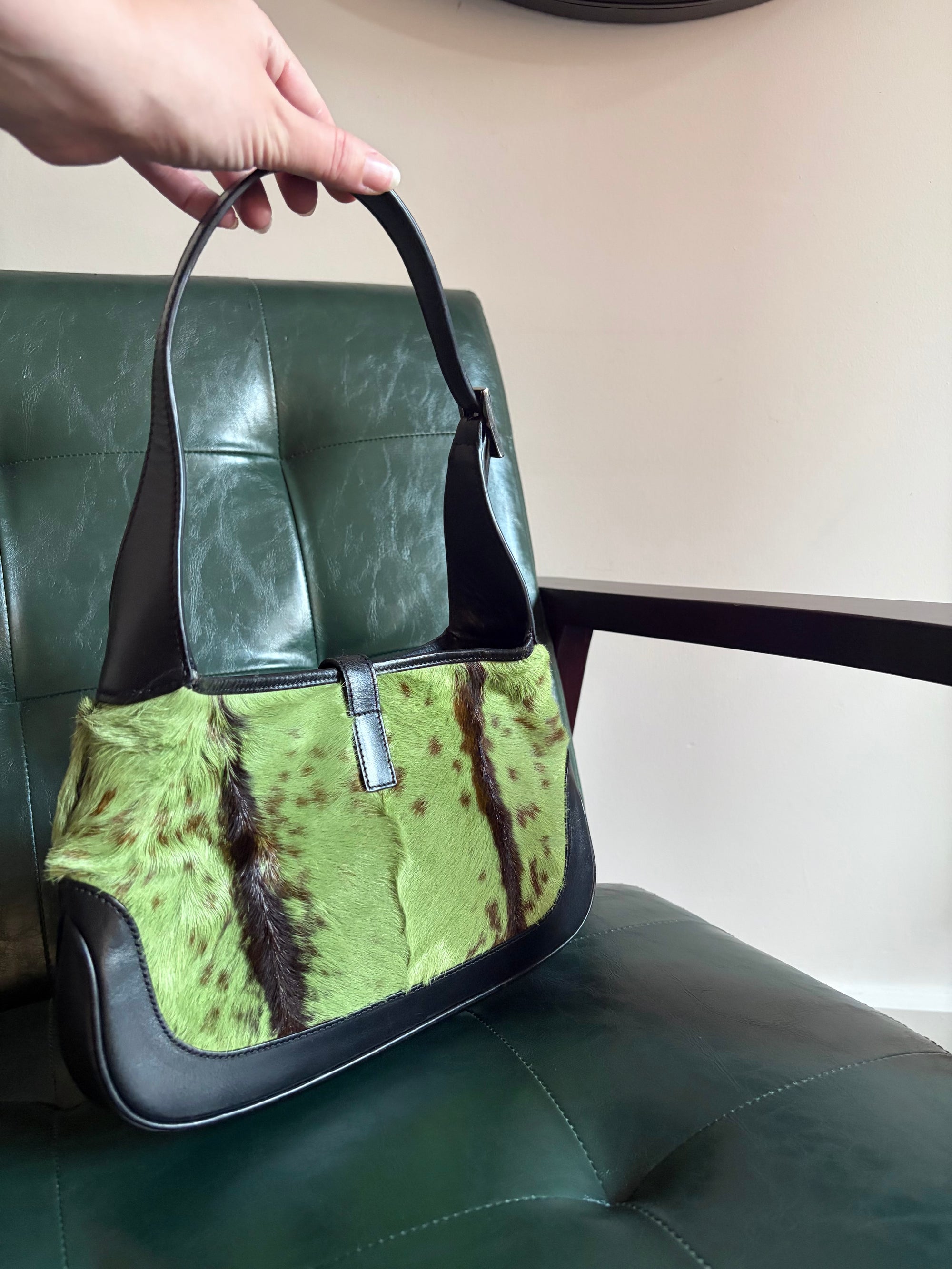 Vintage Gucci Jackie Shoulder Bag in Green and Brown Goat Hair