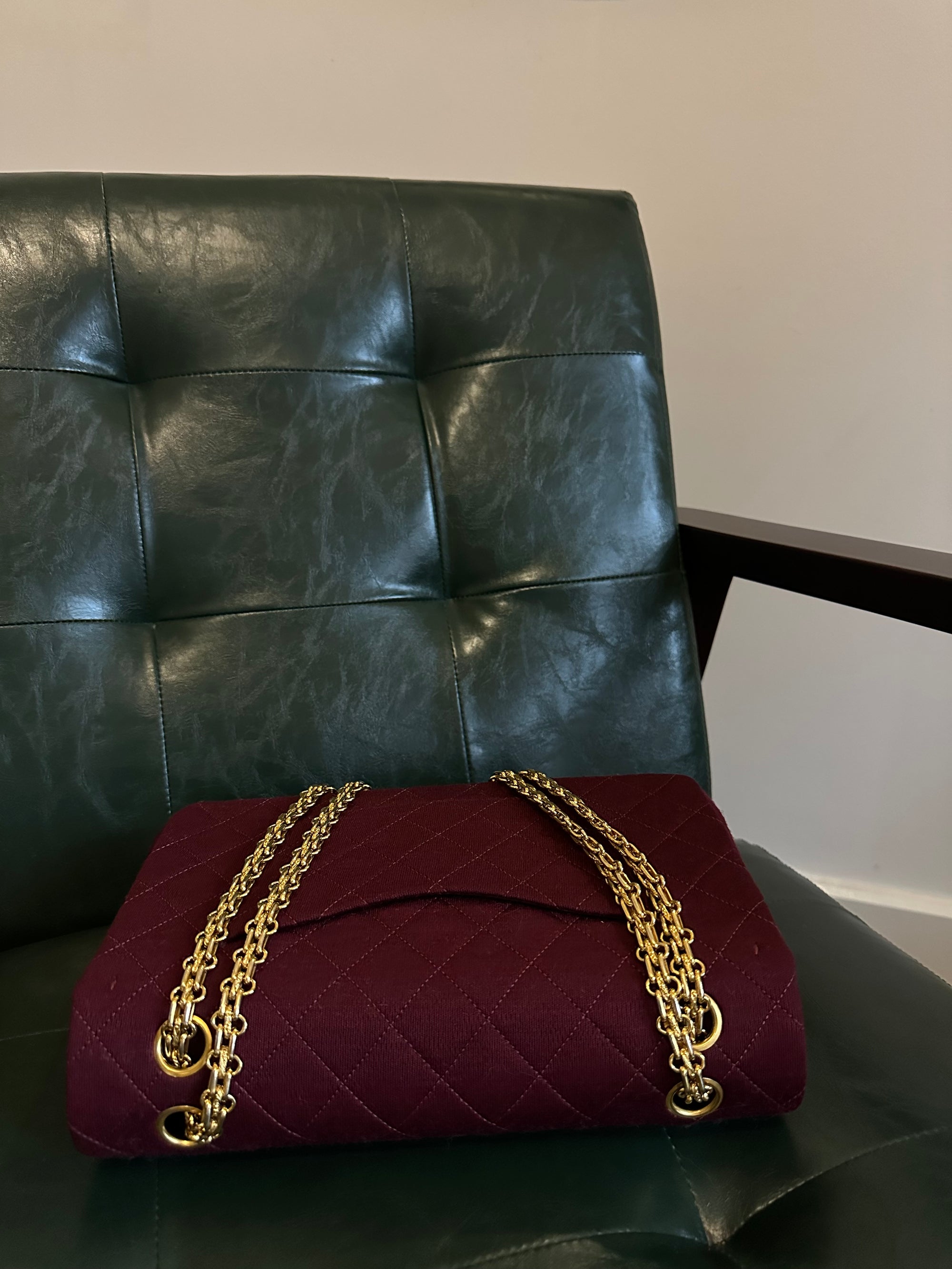 Rare! Chanel medium burgundy jersey double flap bag
